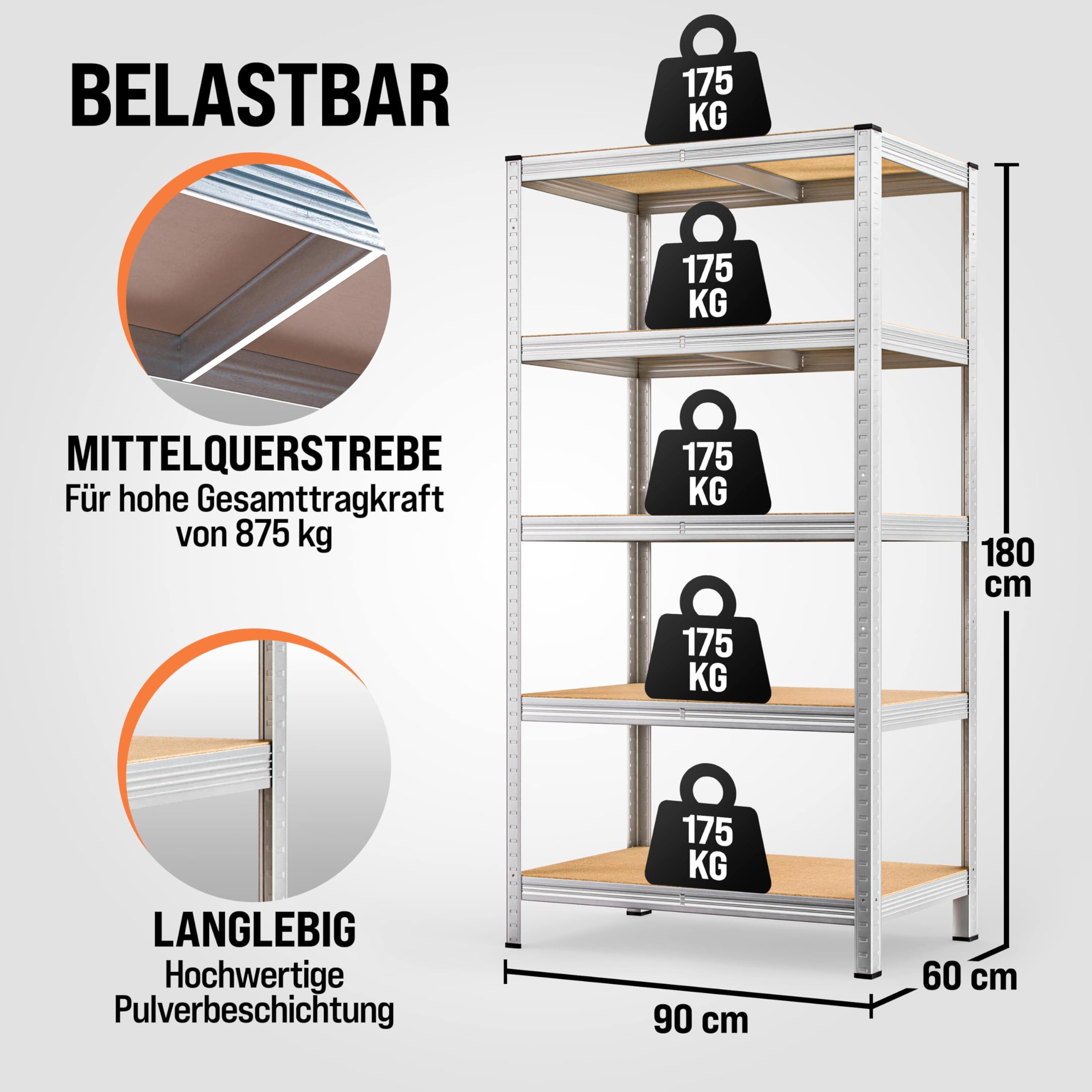 Monzana® 2X Schwerlastregal XL 180x90x60cm 1750kg 5 MDF-Platten Regal Lagerregal Kellerregal Steckregal Werkstattregal