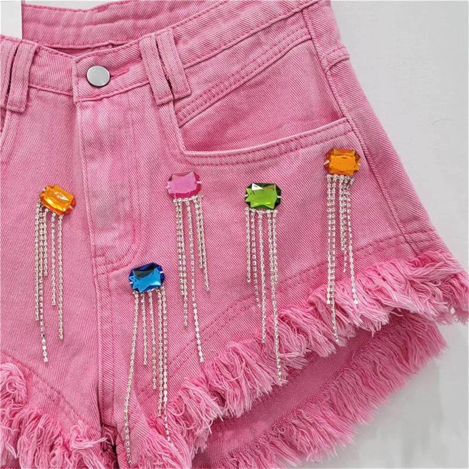 Women High Waist Beaded Tassel Denim Shorts Summer Straight Fit A-Line Fashion Short Pants