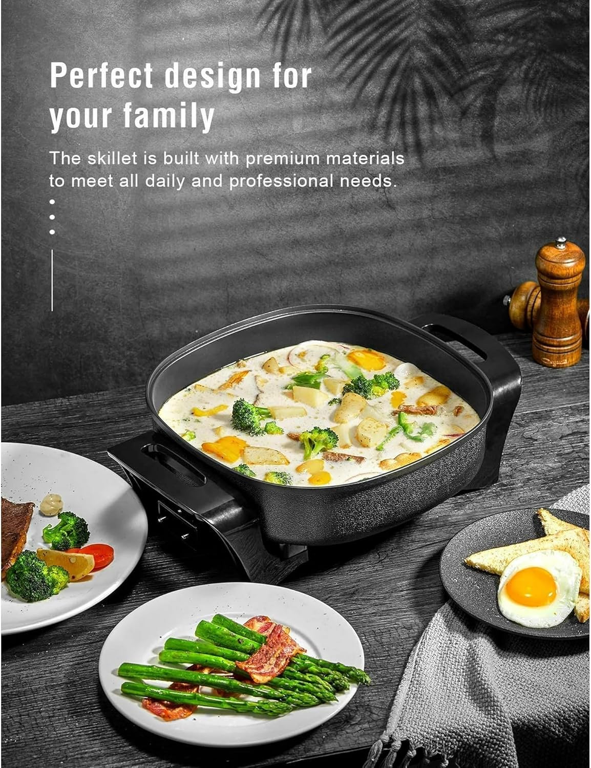 Electric Skillet with Glass Lid, Non-Stick Coating, Cool-Touch Handle, Removable Heating Probe, Dishwasher Safe