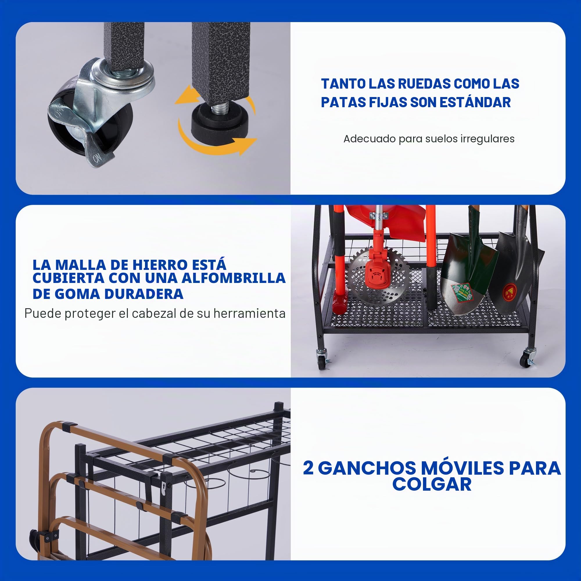 Sinoer - Organizador de herramientas de jardín de metal de 3 niveles con gancho y rueda para césped, garaje, patio y jardín
