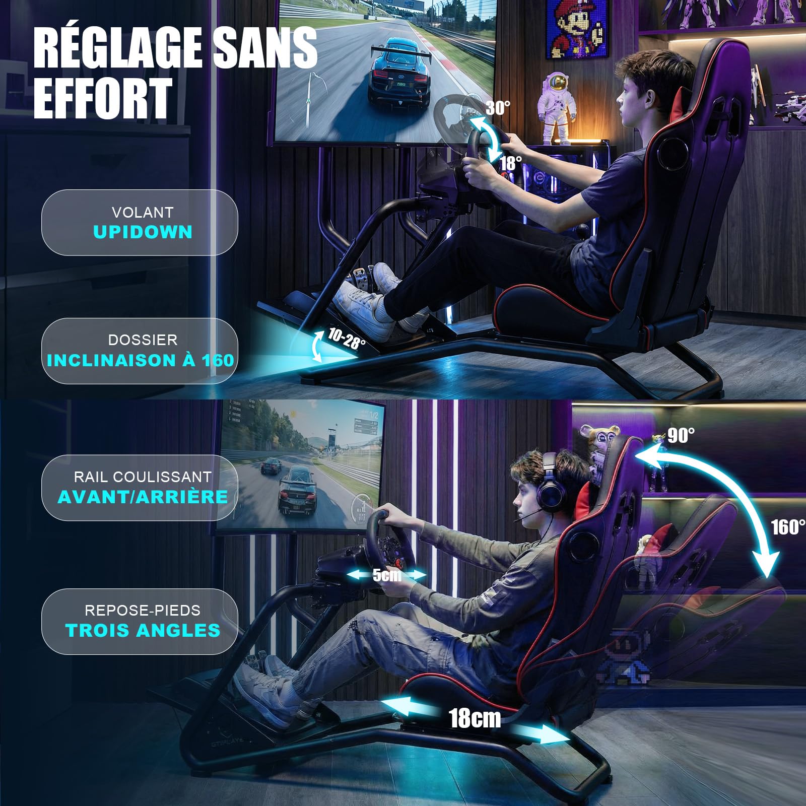 GTPLAYER Simulateur de Conduite, Siège de Simulation avec haut-parleurs stéréo 3D, Support pour écran, Support de volant réglable, Support pour levier de vitesse et pédales (Rouge)