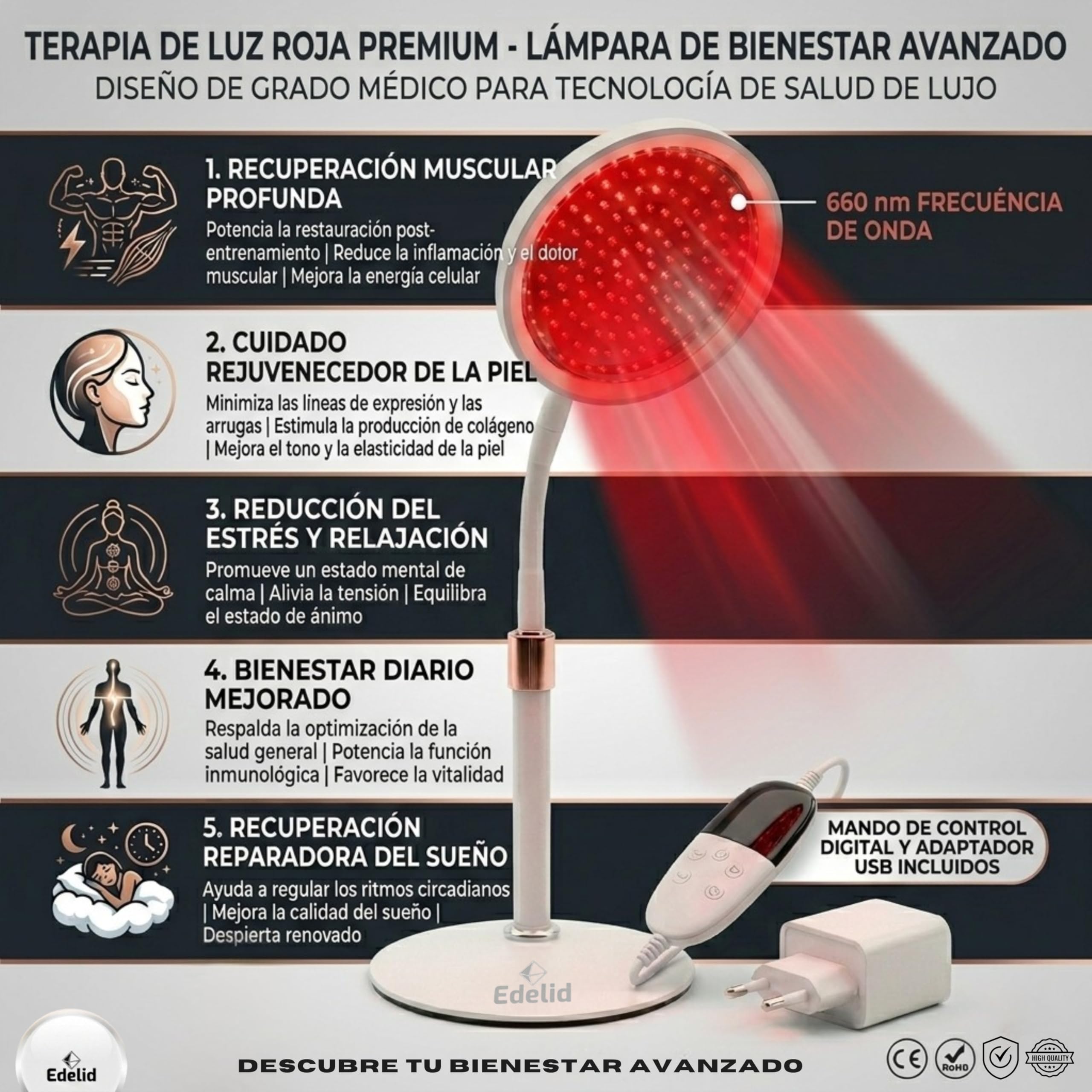 Lampara luz roja Red light therapy: Mejora la piel, descanso reparador, cura lesiones y más vitalidad - Promueve la producción natural de magnesio, colageno, melatonina, vitamina D y hierro