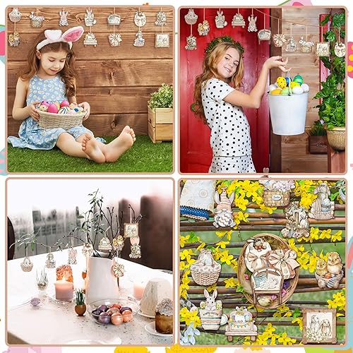 Miniatura 6 de 36 piezas de adornos colgantes de Pascua, conejito de Pascua, cesta de pollito, adornos colgantes de madera, decoraciones de Pascua colgantes de