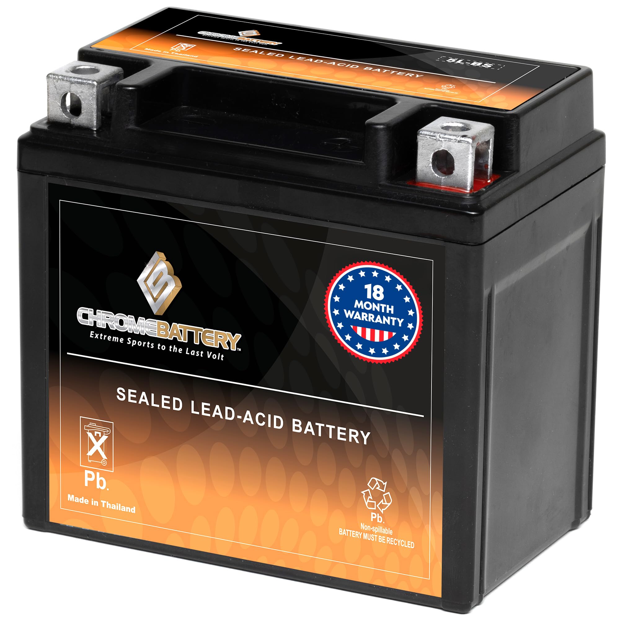 CB CHROMEBATTERY YTX5L-BS 12 V 70 CCA AGM – Maintenance-Free 5 Ah Battery for ATV, Scooter, Dirt Bike, Go-Kart – T3 Nut & Bolt Terminal – Fits Polaris Predator 90, TaoTao 110 & More