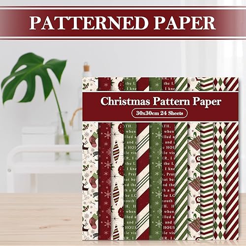 Miniatura 4 de Whaline Paquete de 24 papel de patrón navideño de 11.8 x 11.8 in, papel texturizado rojo y verde, papel de recortes de doble cara, papel de