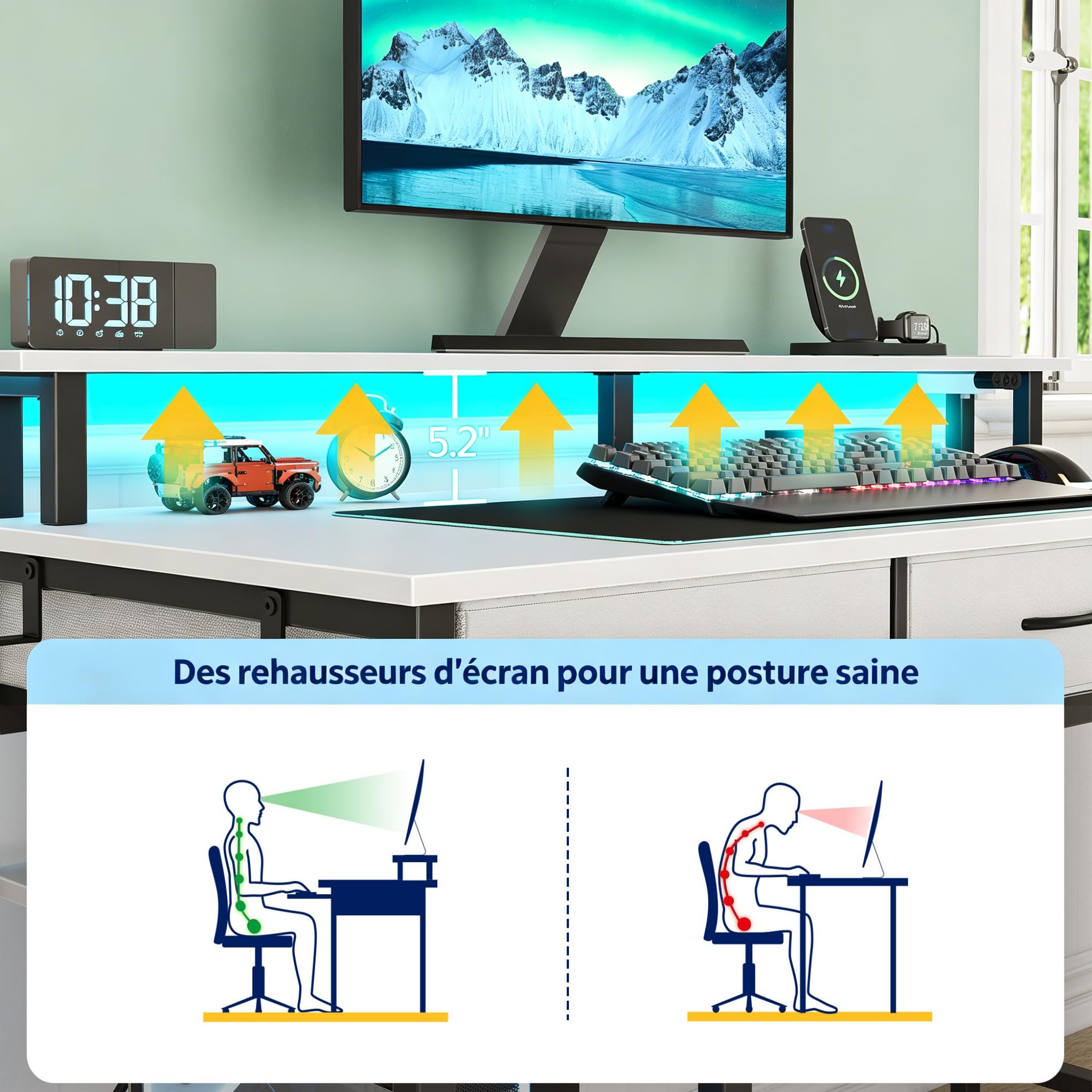 Rolanstar Bureau avec Rangement 100 cm - Table Ado 3 Tiroirs LED RGB Prises de Courant, Blanc
