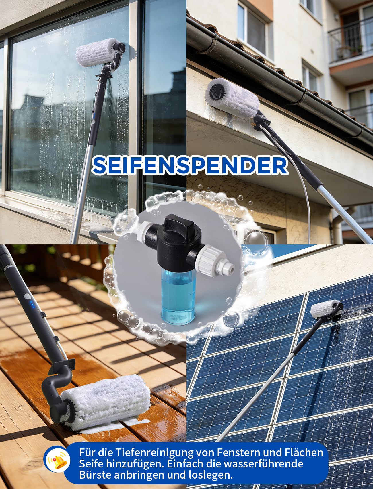 Elektrische Teleskop Waschbürste mit Teleskopstiel Reinigungsbürsten Set | mit 6.2m ausziehbarer Teleskopstange, 12m Wasserrohr Fensterreinigung für PV Anlagen, Fenster, Terrassendächer, Wintergärten