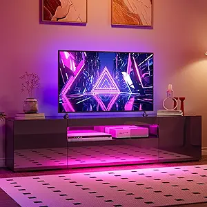 GOOBED TV Stand for 75/70 Inch TV, Modern LED Entertainment Center with Storage, Modern High Glossy Media Console Cabinet for Living Room, Grey