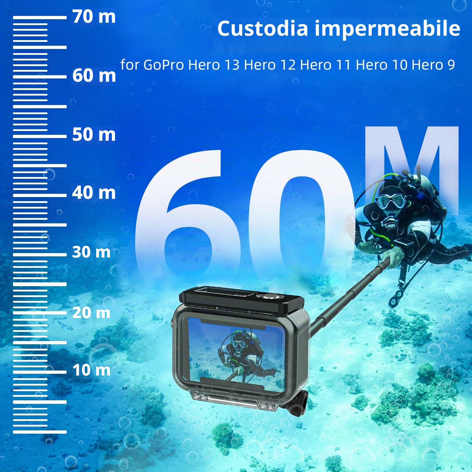 60M Custodia Impermeabile per Gopro Hero 13, Subacquea Immersione Trasparente Copertura Protettiva Shell con Montaggio a sgancio rapido + 3 filtri + 6 Fogli antiappannamento