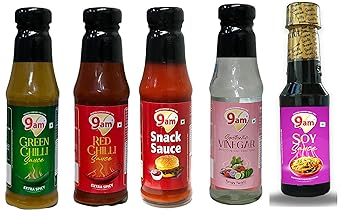 9am Soya Sauce 230g, Green Chilli Sauce 210g, Snack Sauce 210g, Red Chilli Sauce 220g & Vinegar Sauce 200g (Pack of 5) | For Pizza, Burgers & Snacks | No Artificial Colours/Flavours| 100% Vegetarian | Trans Fat-Free - image, photos