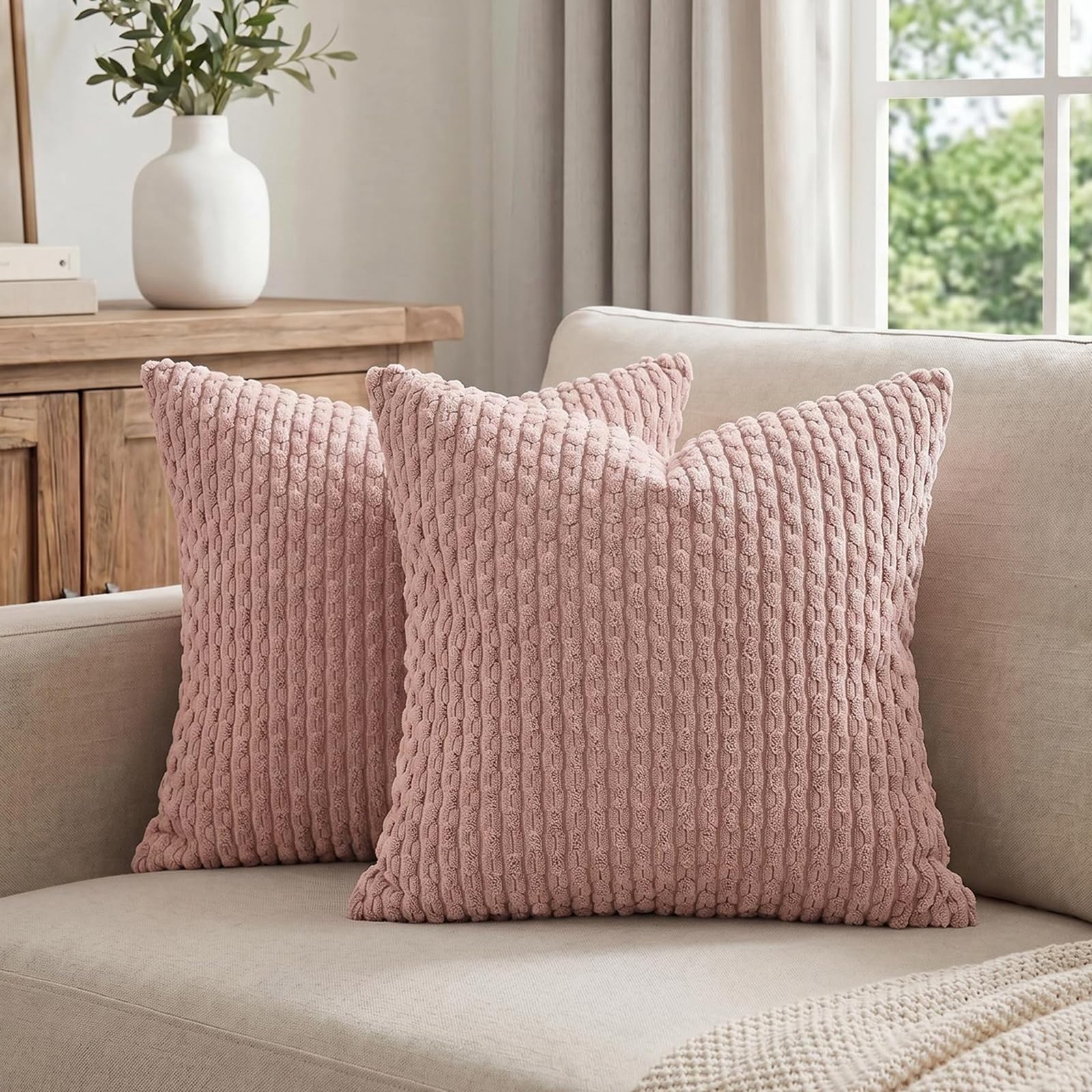 Fancy Homi Paquete de 2 fundas de almohada decorativas rosas de 26 x 26 pulgadas para sofá cama, sofá, decoración moderna de casa de campo, decoración bohemia para el hogar, funda de cojín de pana de