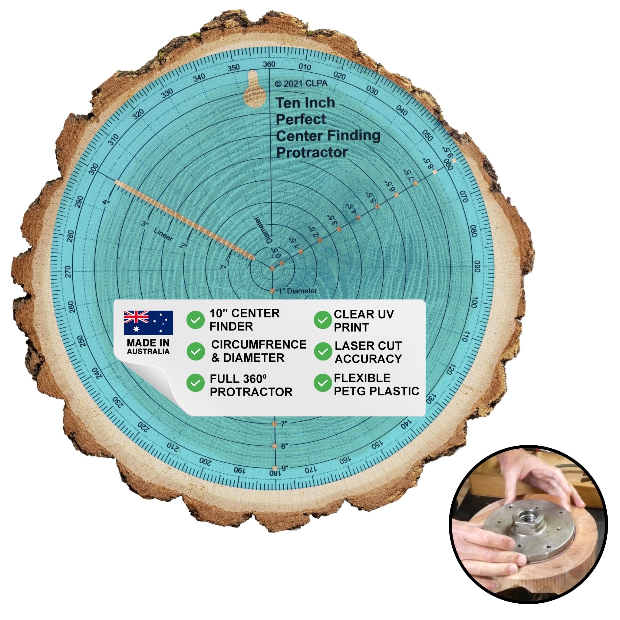 10" Circle Centre Finder Tool — Round Centre Finder for Woodturning — Protractor, Circle Maker and Dowel Centre Finder — Clear PETG — Made in Australia