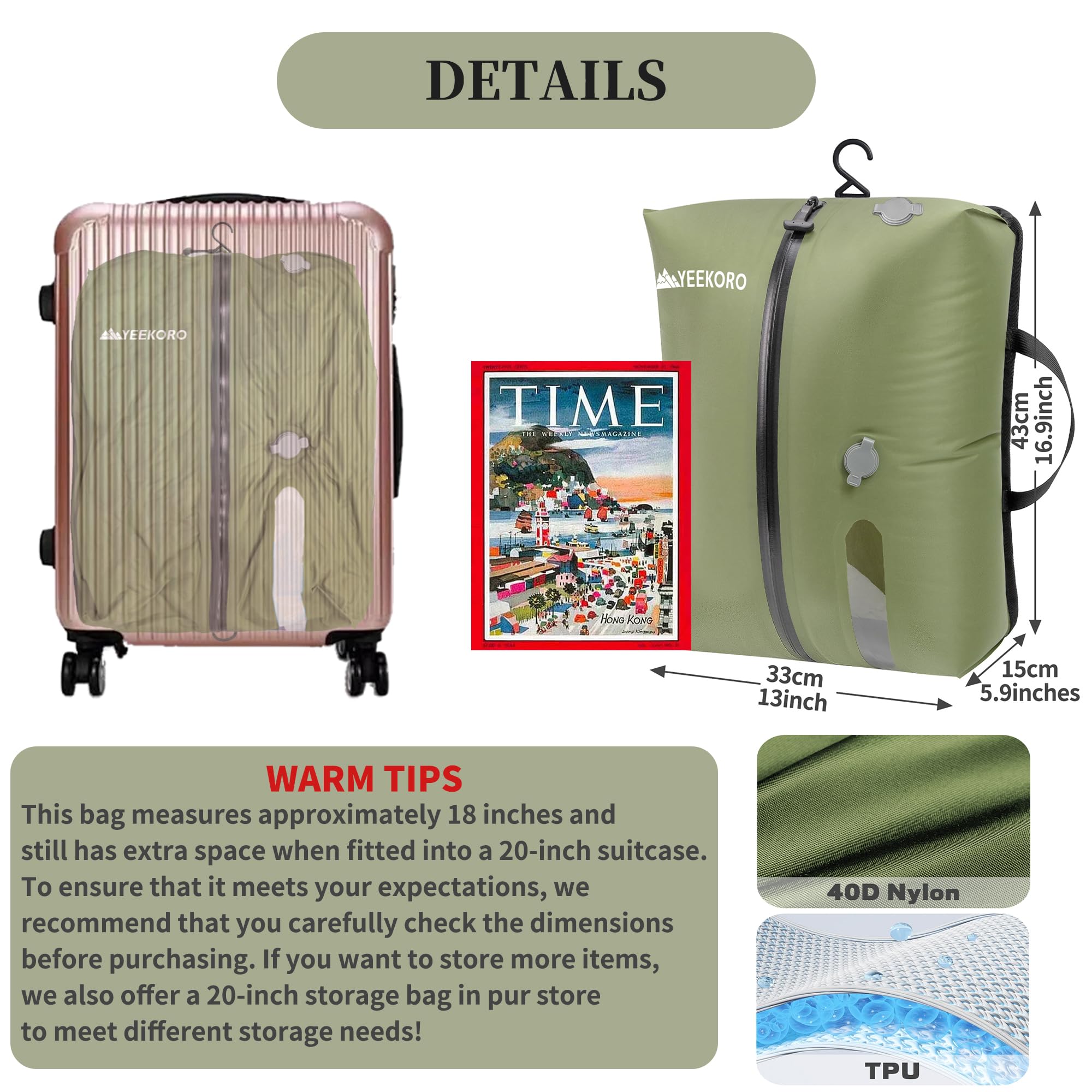 Bolsas de vacío para viajes, bolsas de compresión al vacío reutilizables IP67 para maletas de viaje, bolsa duradera para ahorrar espacio (2 unidades, verde, sin bomba)