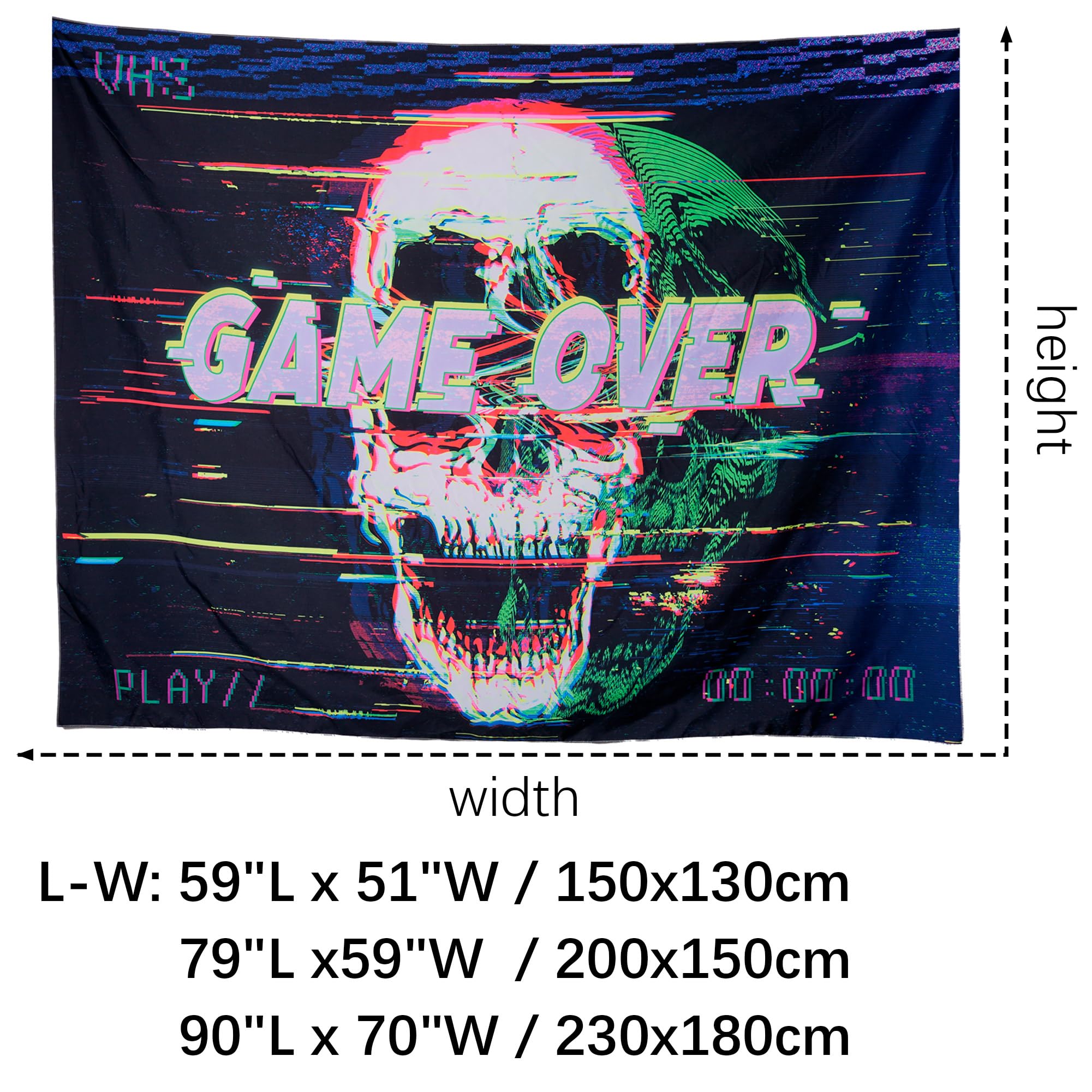 OSVINO Game Over Tapestry 200x150CM UV Reactive Skull for Hall Bedroom, Living Room, 200L x 150W cm - Image 4