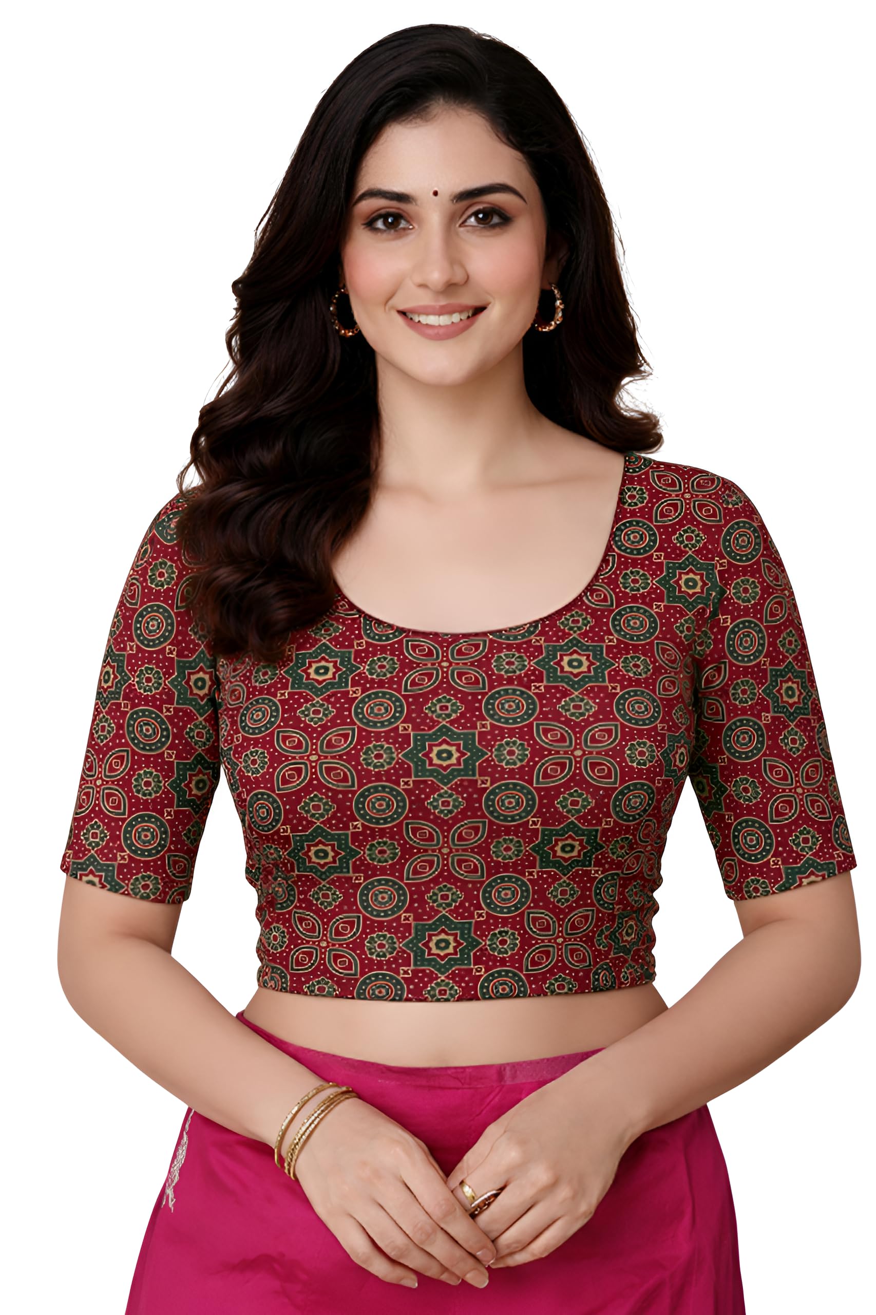 amazon brand - anarva Women's Kalamkari Print Cotton Stretchable Round Neck Readymade Saree Blouse (Kalamkari-Blouse-ajrakh-Maroon-XL)-picture-25
