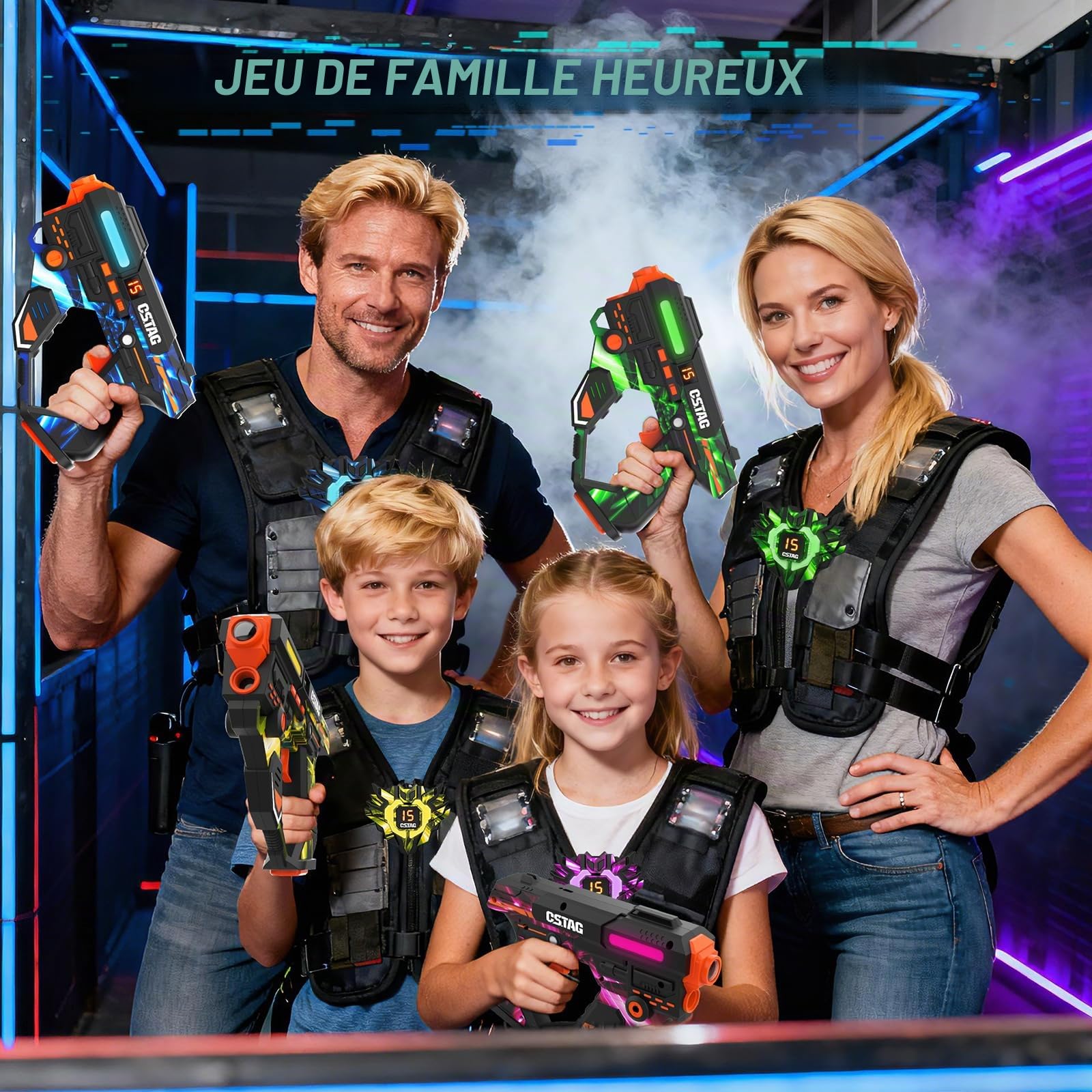 VATOS Ensemble de Laser Tag Rechargeable avec Capteurs 360° pour 4 Joueurs, Infrarouge 2,4 GHz Affichage de Données en Temps Réel, Jeu de Famille et de Groupe pour Enfants et Adolescents, Cadeau pour