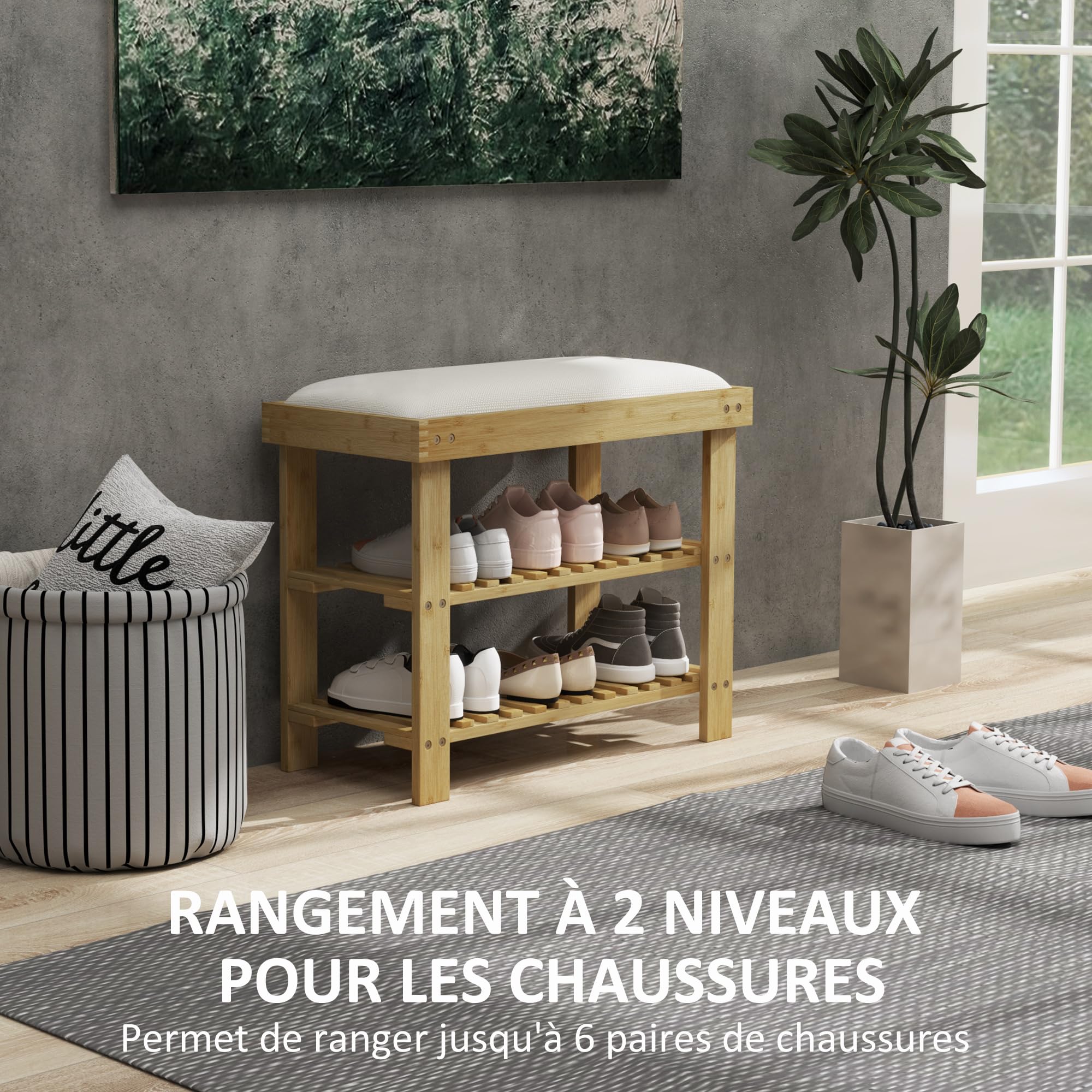 HOMCOM Banc à Chaussures en Bambou 60 x 29 x 49 cm, Crème et Bois Naturel | Étagère à Chaussures à 3 Niveaux, Style Scandinave, Banc de Rangement, pour Entrée, Salon, Chambre, Charge 150 Kg