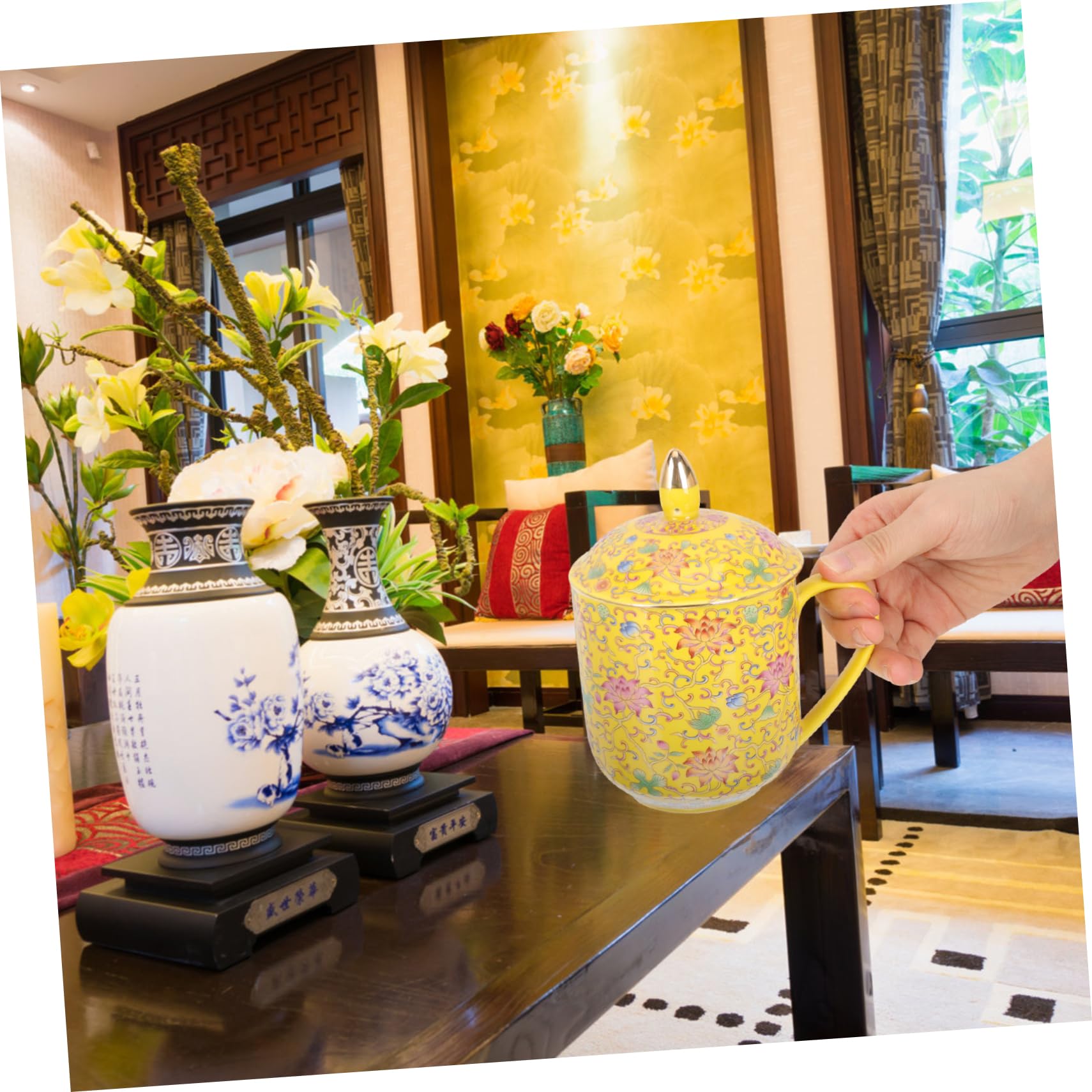SHOWERORO Keramik Teetasse mit Deckel und Tee Ei Japanischer Teebecher für Teezeremonie Retro Stil Gelb Vielseitig Einsetzbar für Büro und Zuhause