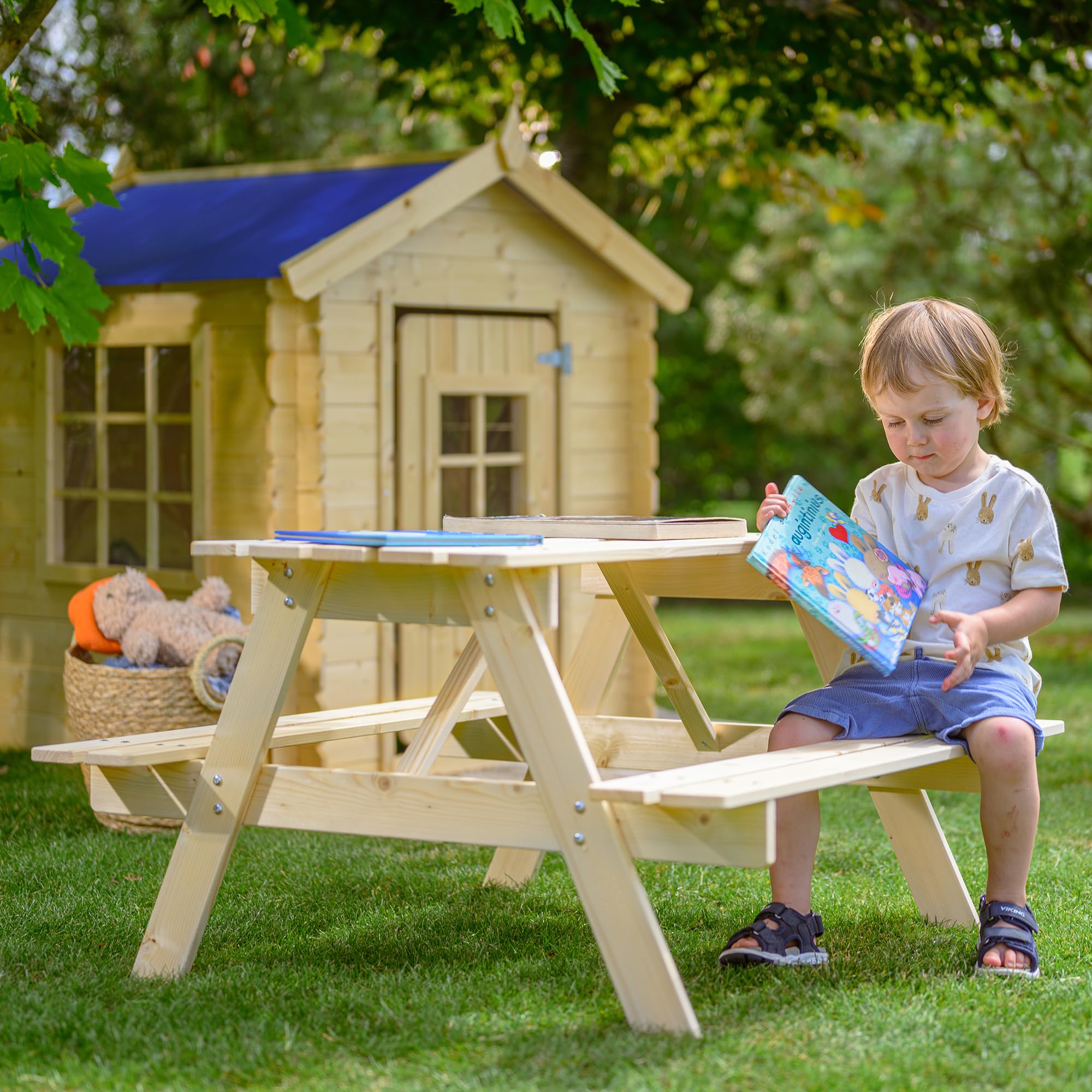 TIMBELA Tavolo da picnic per bambini in legno L90xL90xA50 cm -Gruppo Tavolo con panche M018-1