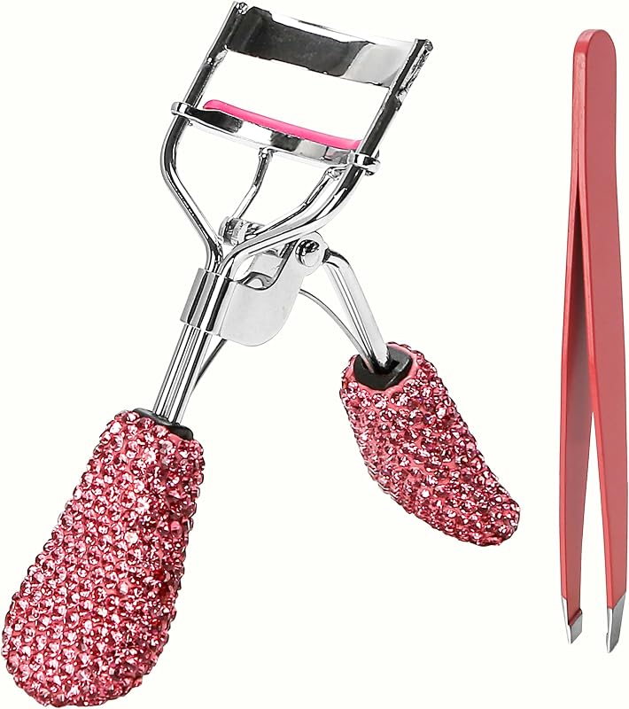 Curvador de cílios rosa com pinça de ponta inclinada e detalhes em strass, pacote com 2 peças