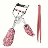 Pink Eyelash Curlers with Slant Tip Tweezer Pink Bling Crystal Rhinestone Eyelashes Curls for Dramatic Long Lasting Seamless Brilliant Eyes, Best Bedazzled Makeup Stuff Things For Mascara Asian Beauty