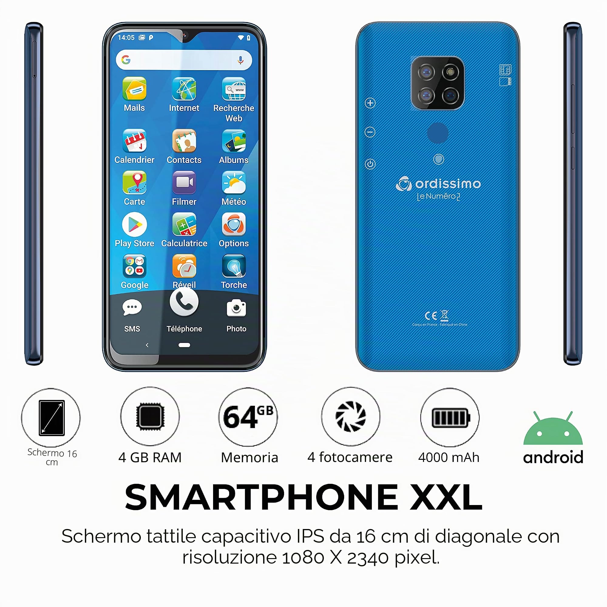 Ordissimo - Smartphone LeNumero2 - Ideale per Senior - Cellulare Semplice - Interfaccia Basic - Touch Screen 5,5", Caratteri Grandi, SMS, MMS, e-Mail, Foto, Video - Blu