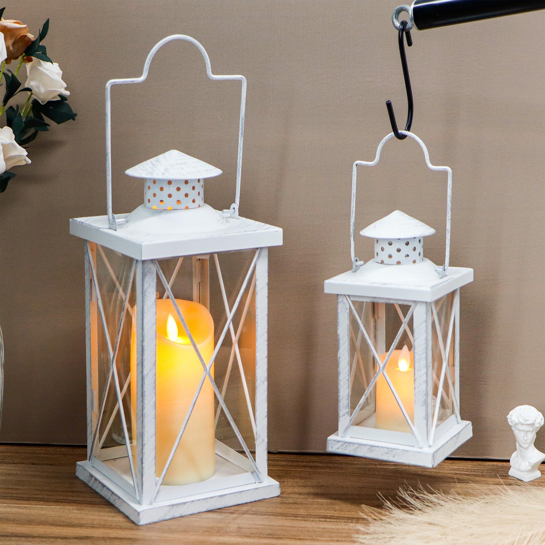 JHY DESIGN Set van 2 Decoratieve Lantaarns, 44,5 cm & 24 cm Hoog, Buiten Lantaarns met Kaarsen, Grote Hangende Lantaarns voor Binnen, Evenementen, Bruiloften, Vintage Stijl (Wit