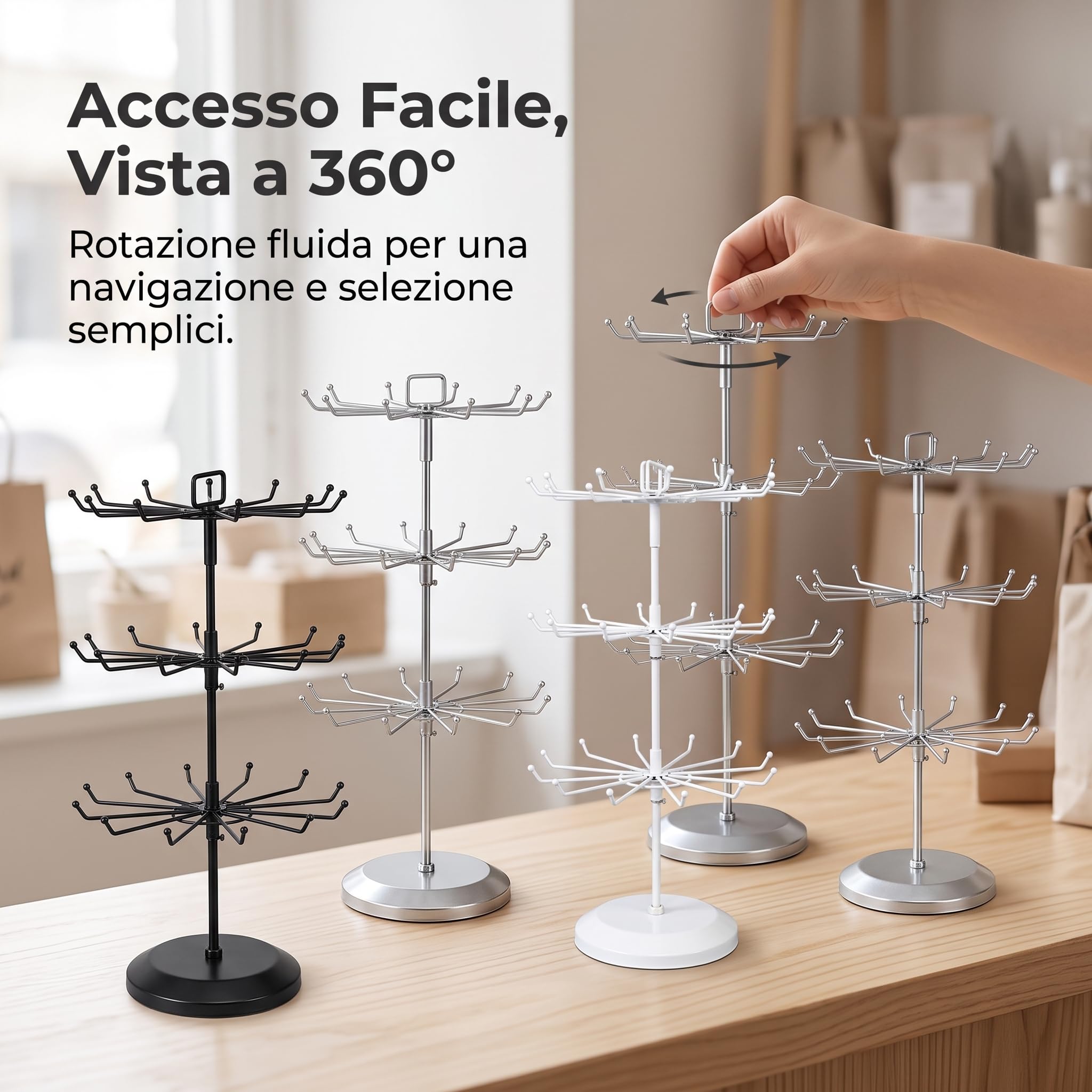 Rotating Display Rack Espositore Rotante Gioielli Organizzatore Collane Bracciali Fermacapelli Metallo Ferro Ganci, Acciaio inossidabile, 4 strati, 32 ganci, altezza totale 57 cm
