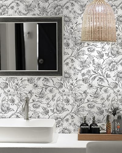 Miniatura 5 de Cohoo Home Papel tapiz floral en blanco y negro, papel de contacto con flores florales para armarios y cajones, papel tapiz de girasol,