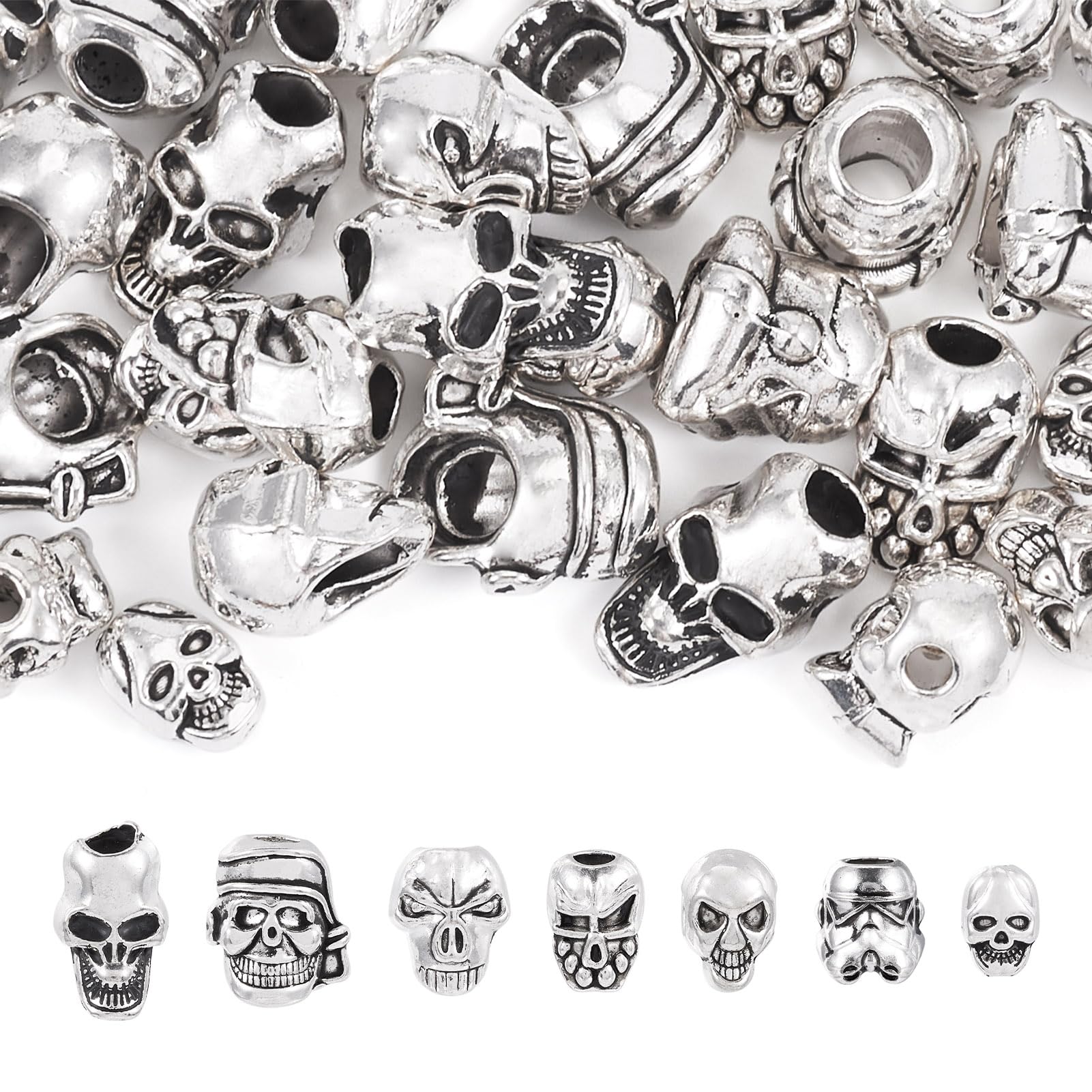 PandaHall 24pcs Tibetan Silver Skull Beads Large Hole European Skeleton Charms Beads Skull Head Spacer Beads for Halloween Bracelet Necklace Earring Jewelry Making