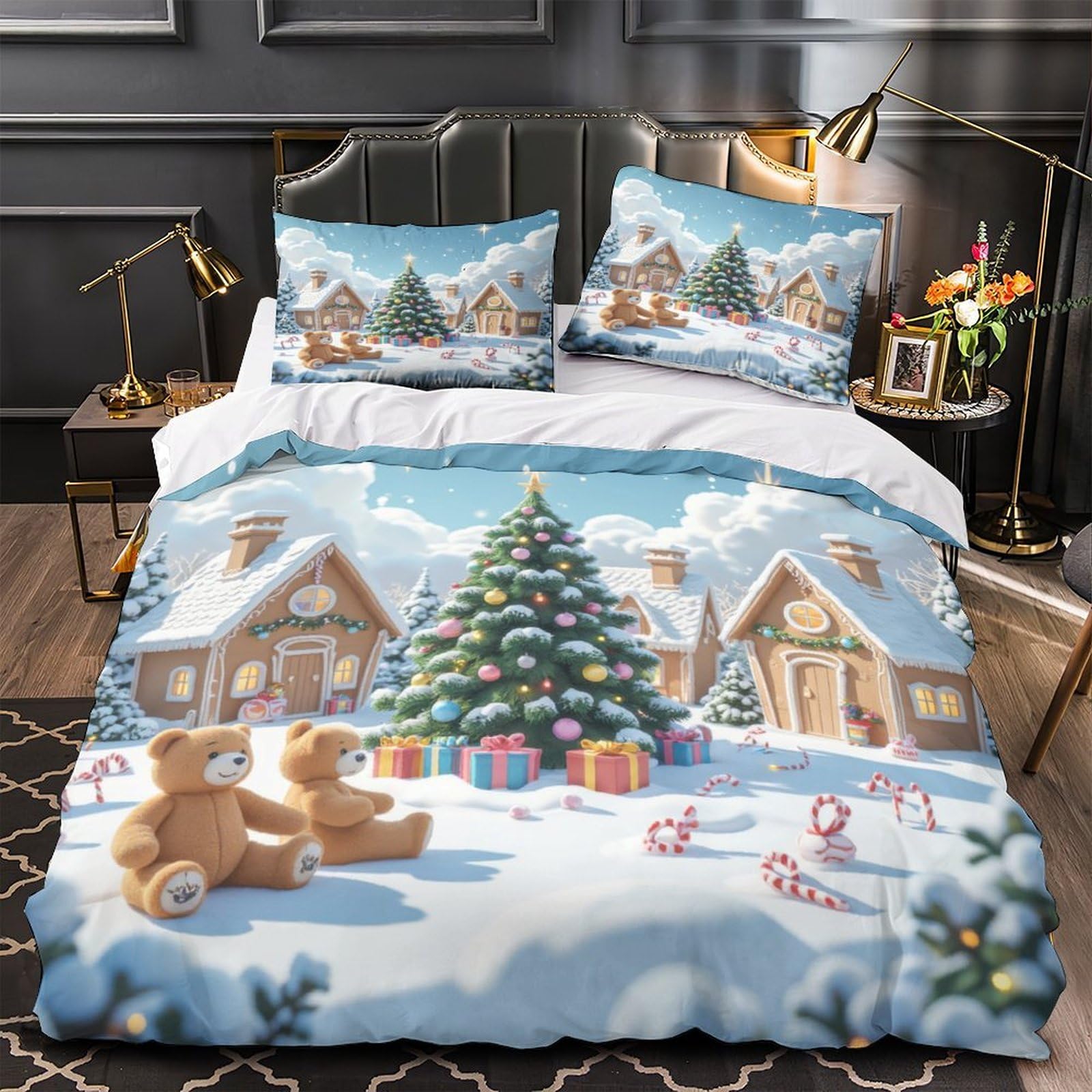 Housse de couette Noël village magique parure lit enfants
