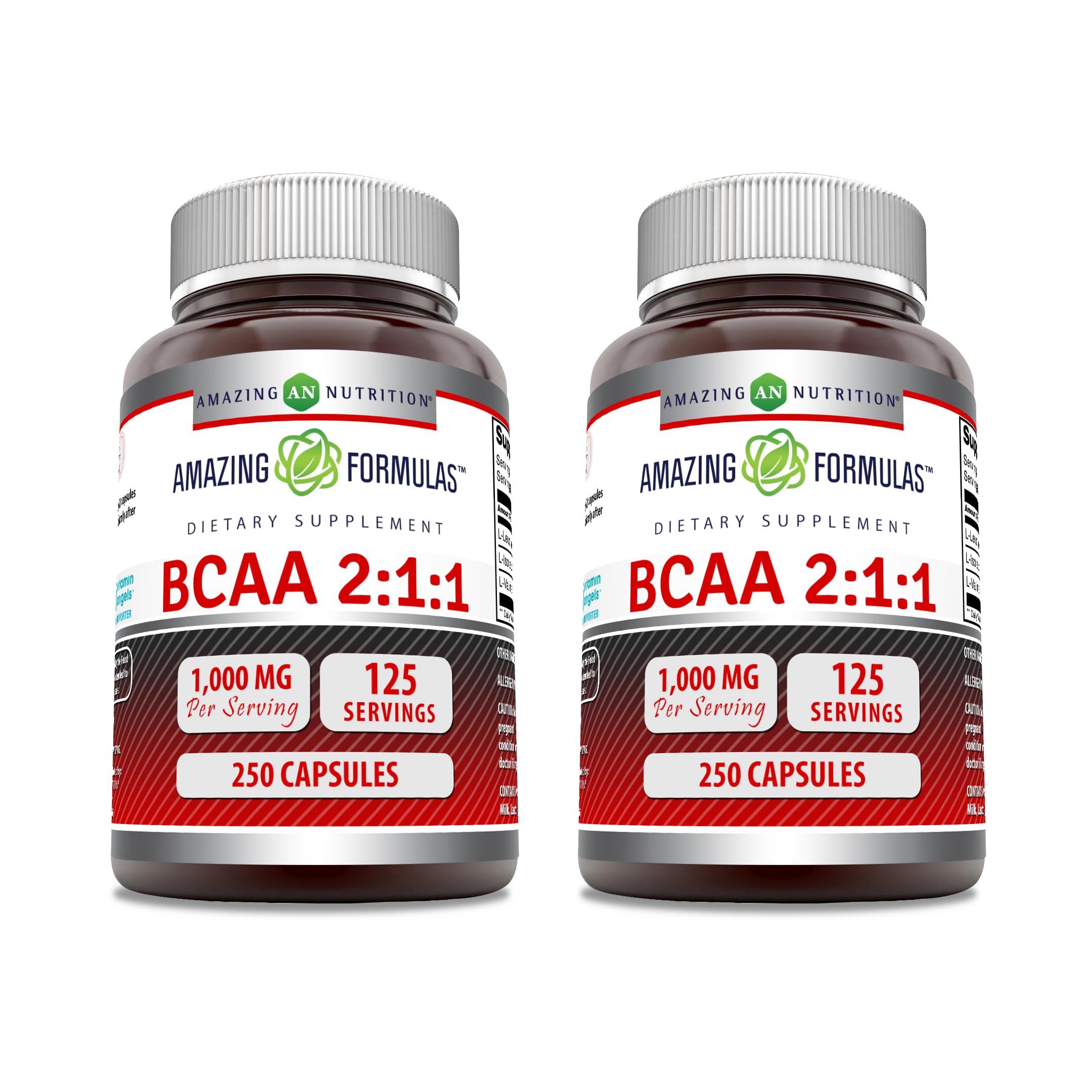 Amazing Formulas BCAA 2:1:1 1000 Mg Per Serving | Capsules | Branched Chain Amino Acids Supplement | Non-GMO | Gluten-Free | Made in USA (2 Pack, 250 Count) 250 Count 250 Count (Pack of 2)