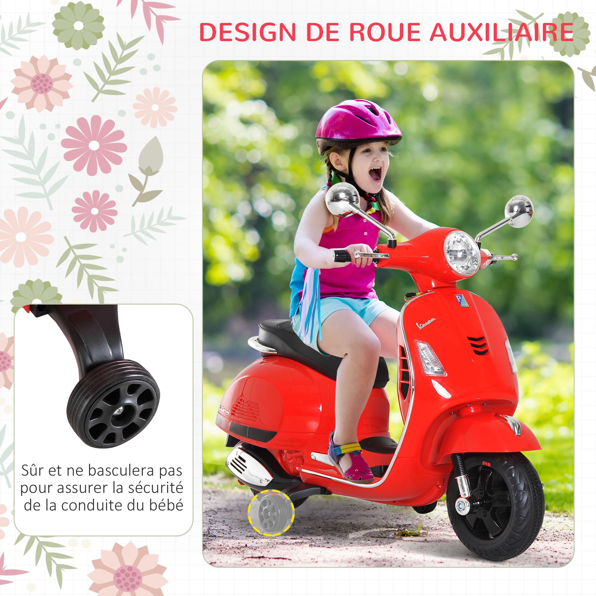 HOMCOM Vespa Scooter Moto électrique Enfants 6 V dim. 102L x 51l x 76H cm Musique MP3 Port USB klaxon Phare feu AR Rouge