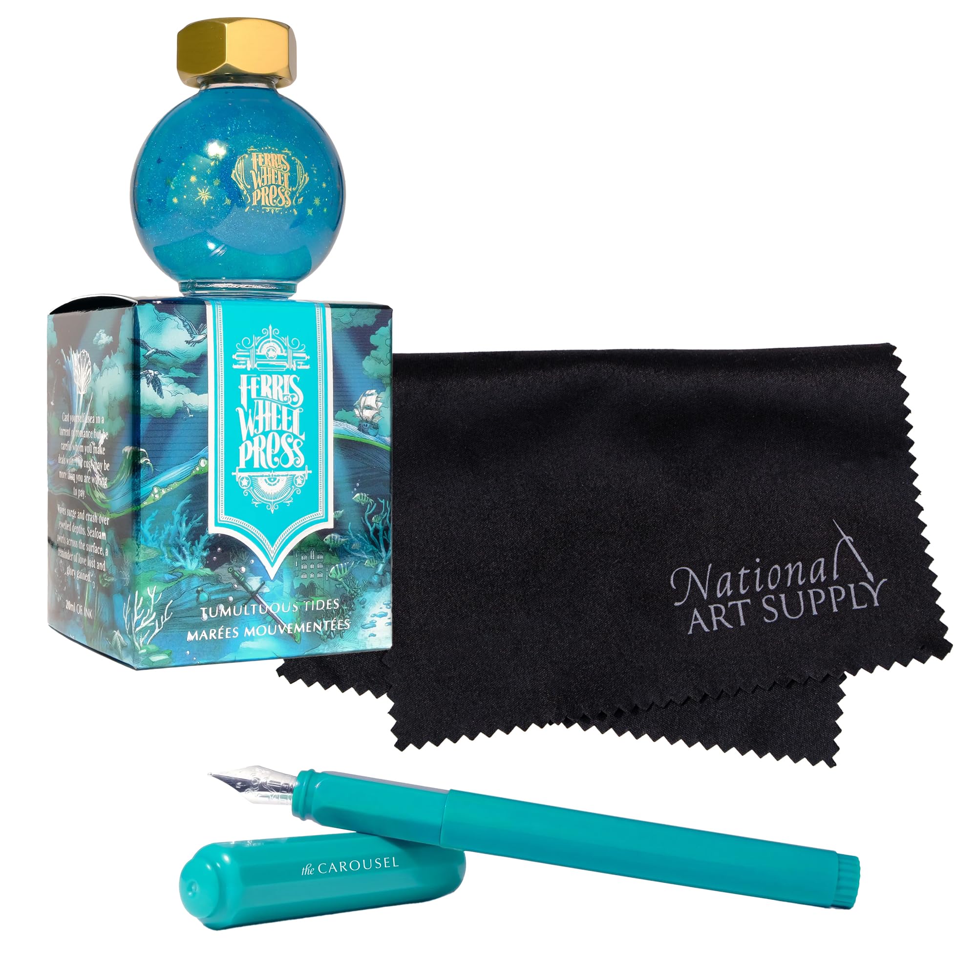 Ferris Wheel Press Ink Once Upon A Time 20ml Tumultuous Tides Shimmer Fountain Pen Ink & Carousel Fountain Pen Fine Nib with National Art Supply 5x7