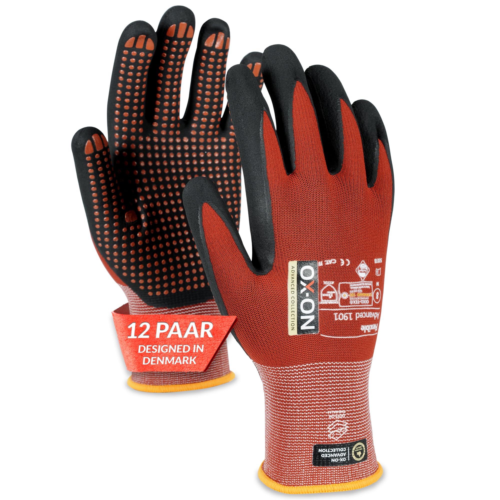 OX-ON Flexible Advanced 1901 Red Work Gloves, Extremely Durable Safety Gloves, Secure Precise Grip, Protective & Comfortable Nitrile Gloves, Dotted Palm For Extra Grip, Sanitised - 12pairs,Size 11/XXL