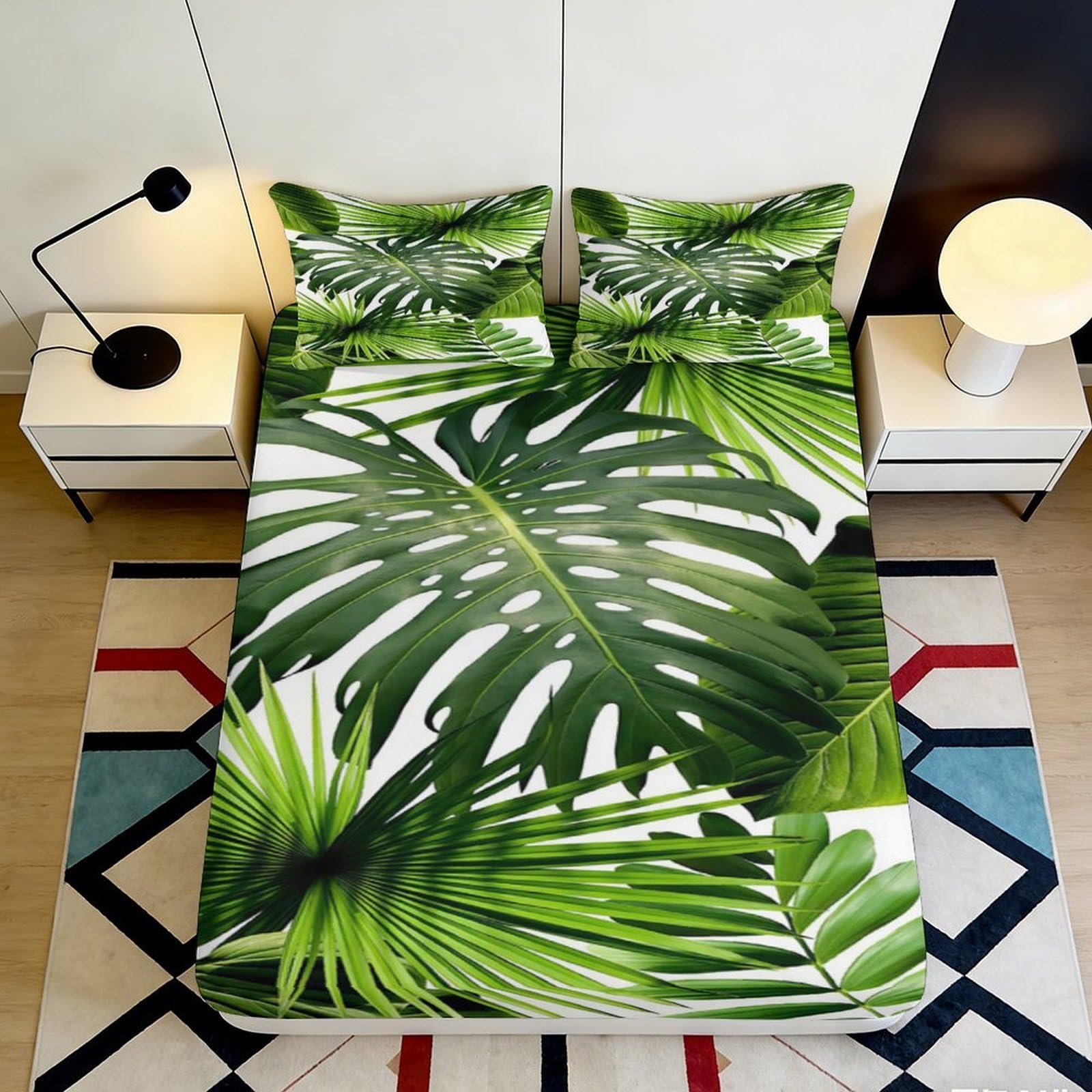 3D Printed Tropical Palm Leaf Fitted Sheet Microfiber Green Botanical Jungle Mattress Cover for Bedroom Guest Room Decor 140x200x25cm