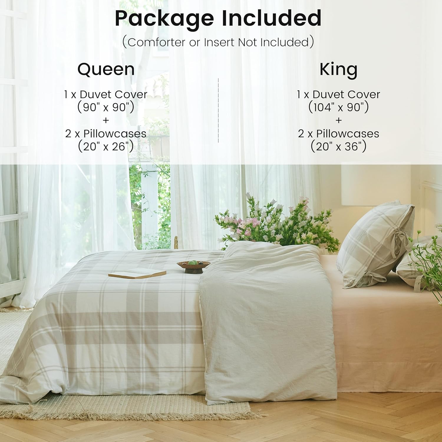 BISELINA 100% Washed Cotton Duvet Cover Set 3pcs with Bowknot Ties Strap Plaid Design, Linen Like Textured Durable Breathable Soft Comfy Chic Bedding - Grid-Khaki, Queen Size