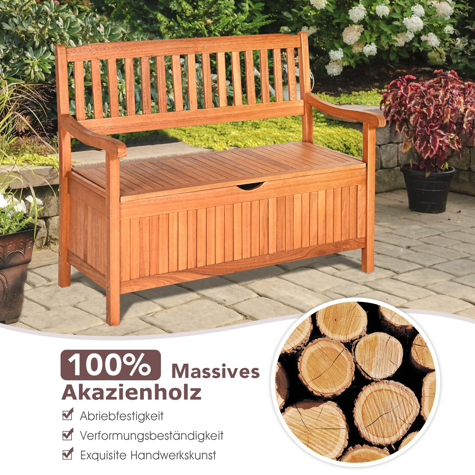 GOPLUS Gartenbank mit Stauraum, Sitzbank aus Akazienholz für 2 Personen, Truhenbank mit Rücklehne & Armlehne, Holzbank für Garten Terrasse Outdoor, mit Aufbewahrungsbox, belastbar bis 360kg