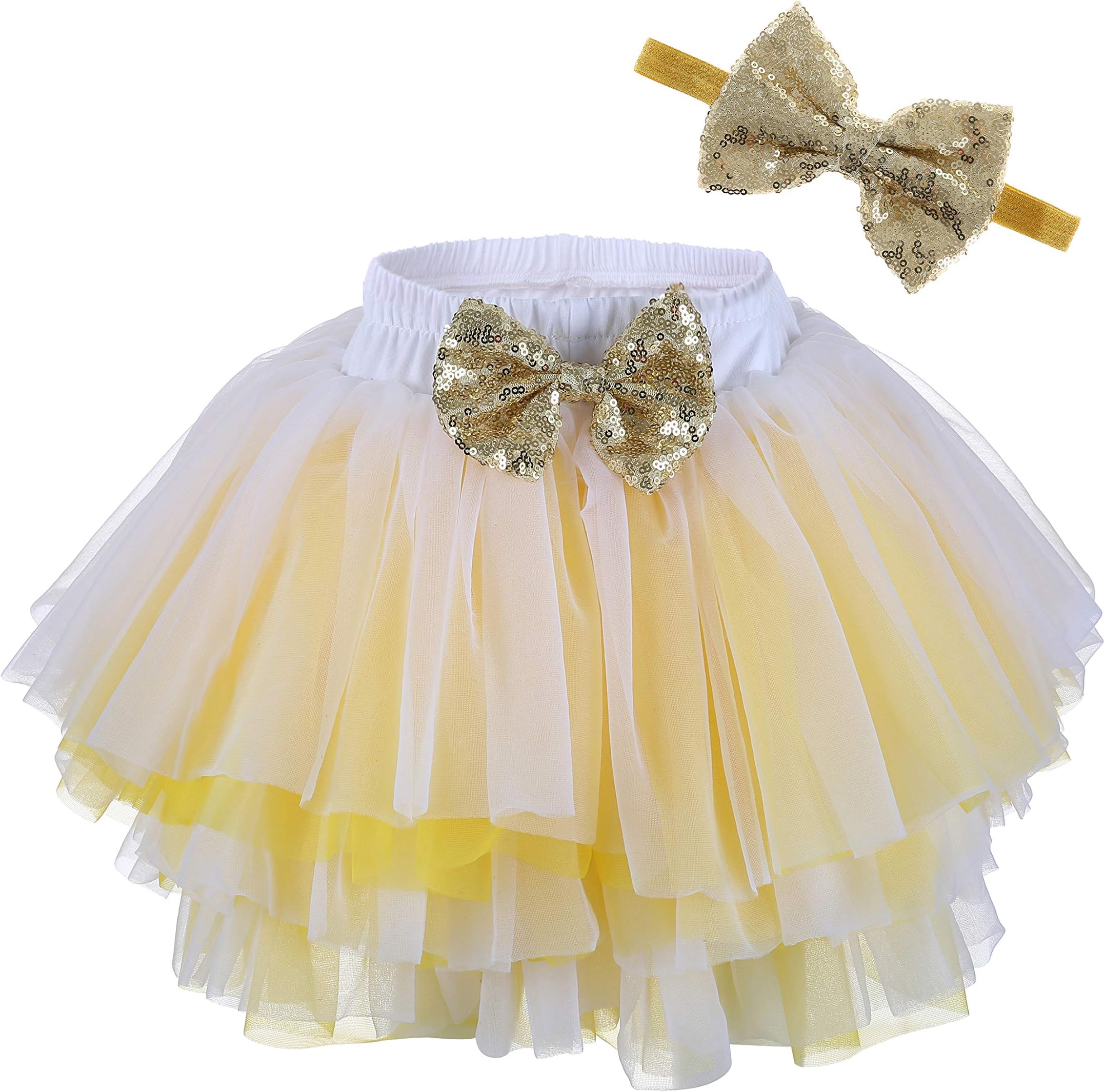 Newborn Baby Girl Tutu Headband Set Toddler 4, 6-Layer Fluffy Tulle Skirt with Built-in Shorts 0-7T