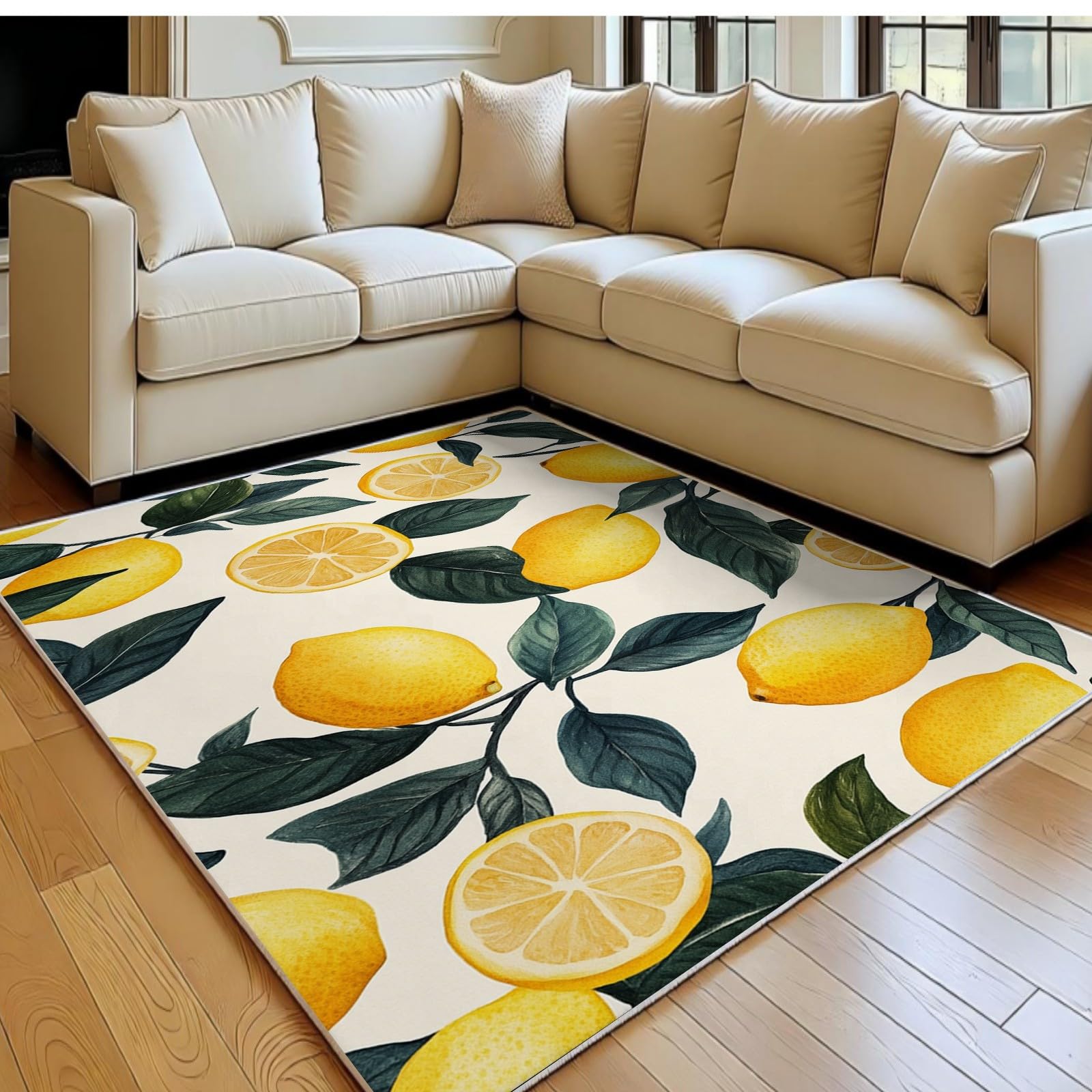 Grand tapis de chambre adulte motif citron jaune aquarelle