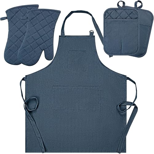 Oven Mitts and Pot Holders with Cooking Apron Set of 5, Heat Resistant Kitchen Gloves and Silicone Non-Slip Potholders, Adjustable Neck Buckle Chef