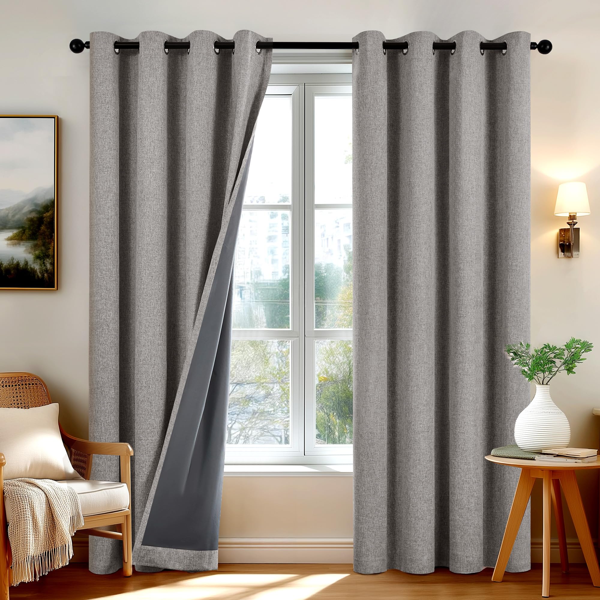 Deconovo Cortinas Opacas para Salón y Dormitorio 100% Opacas, Cortinas Térmicas Aislantes Frío y Calor, Textura Lino con Ojales, Marrón, 140x260 cm, 2 Piezas