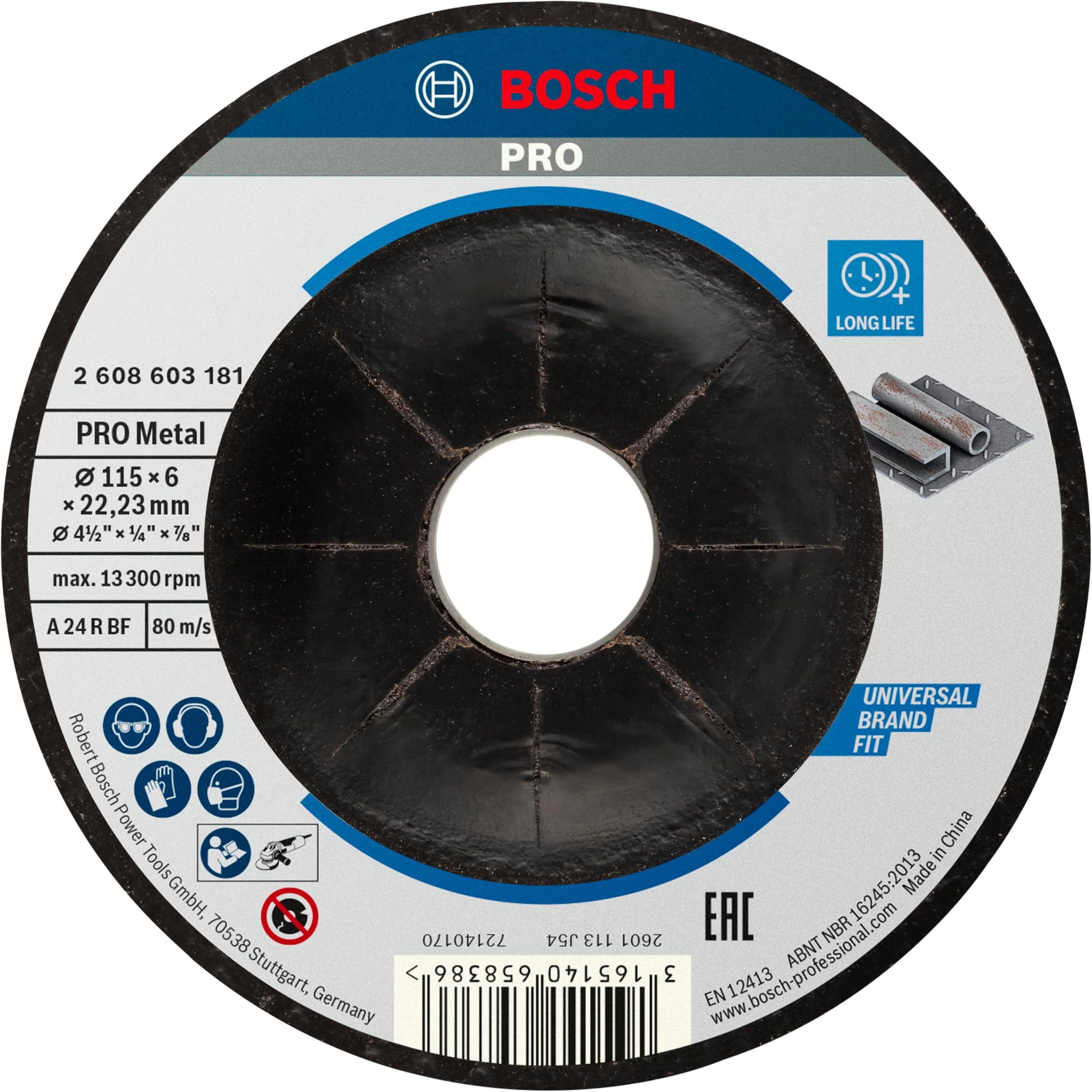 Bosch Standard for Metal Grinding Disc 115x6, 22.23 mm bore for standard locking nut angle grinders. | Model: 2608603181