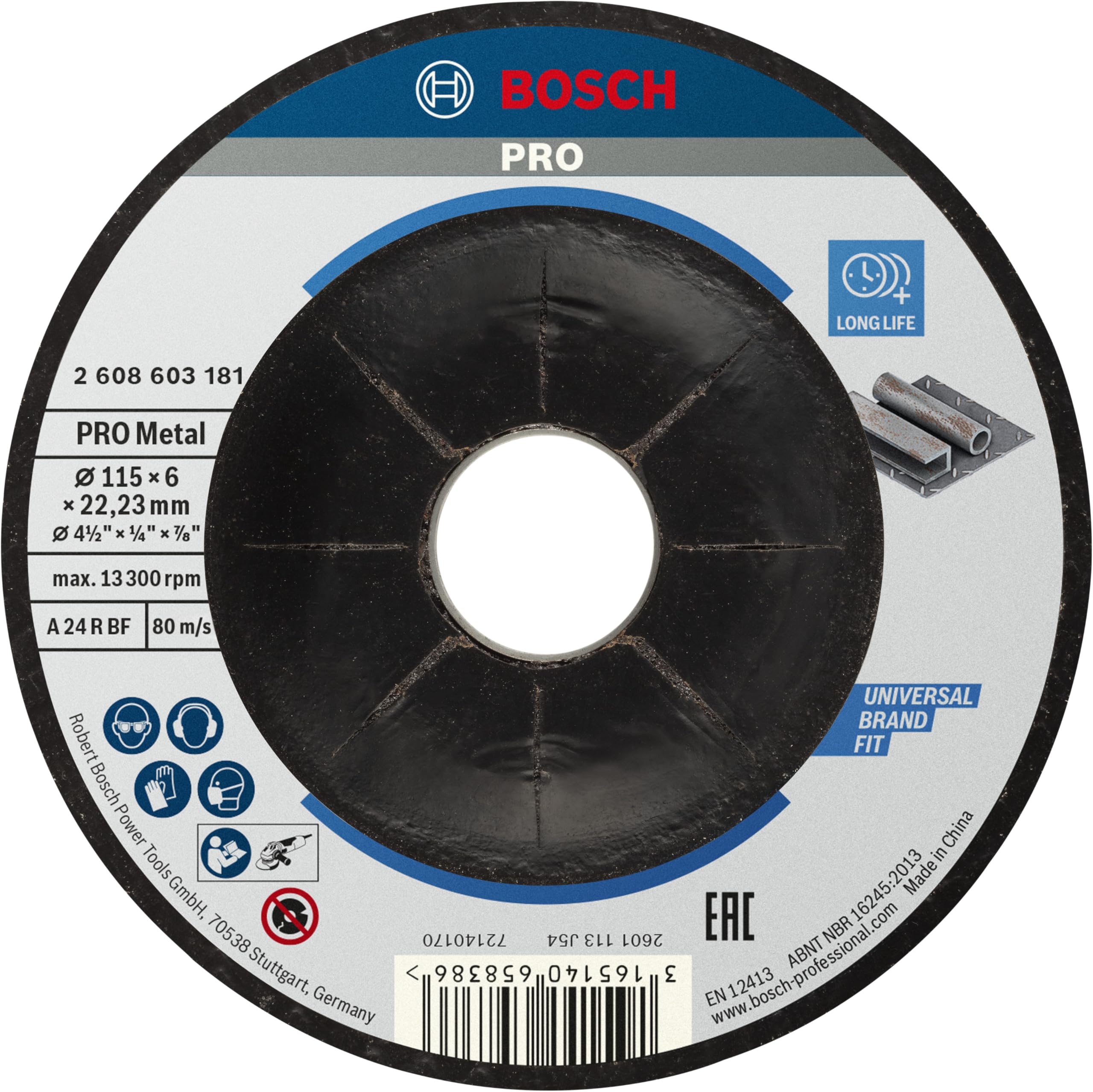 Bosch Standard for Metal Grinding Disc 115x6, 22.23 mm bore for standard locking nut angle grinders. | Model: 2608603181