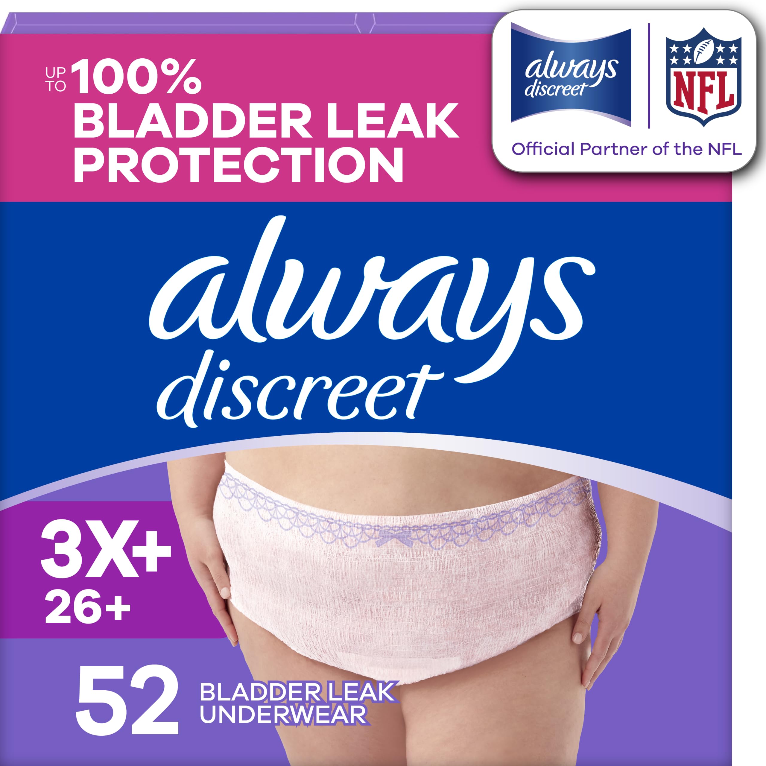 Always Discreet Reimagined Adult Diapers for Women, Maximum Absorbency Incontinence and Postpartum Underwear Size 3X+, Up to 100% Leak Free Bladder Leak Protection, 52 Count​