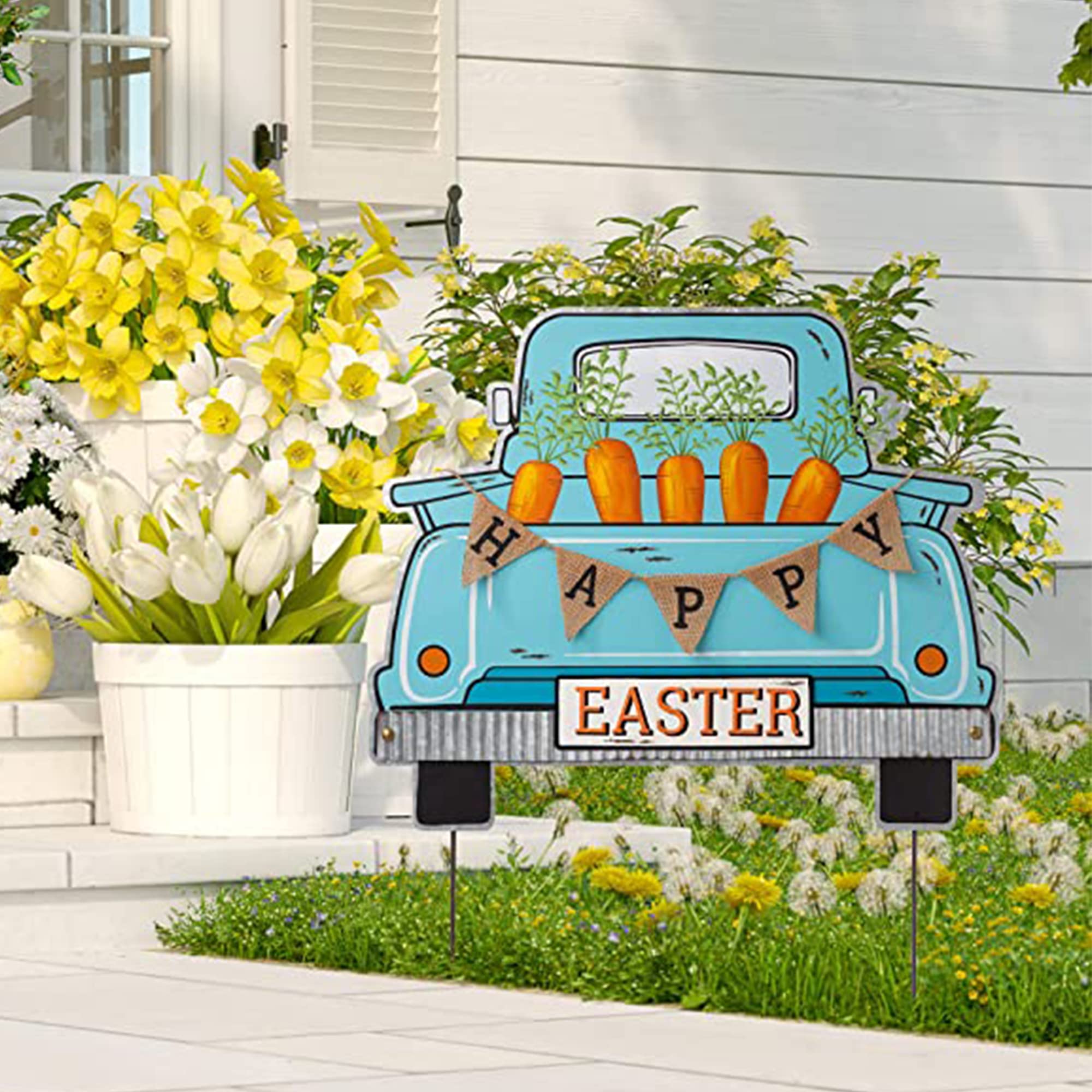 Glitzhome Easter Metal Truck Yard Stake, Standing Lawn Garden Patio Outdoor Sign Wall Decor, Blue