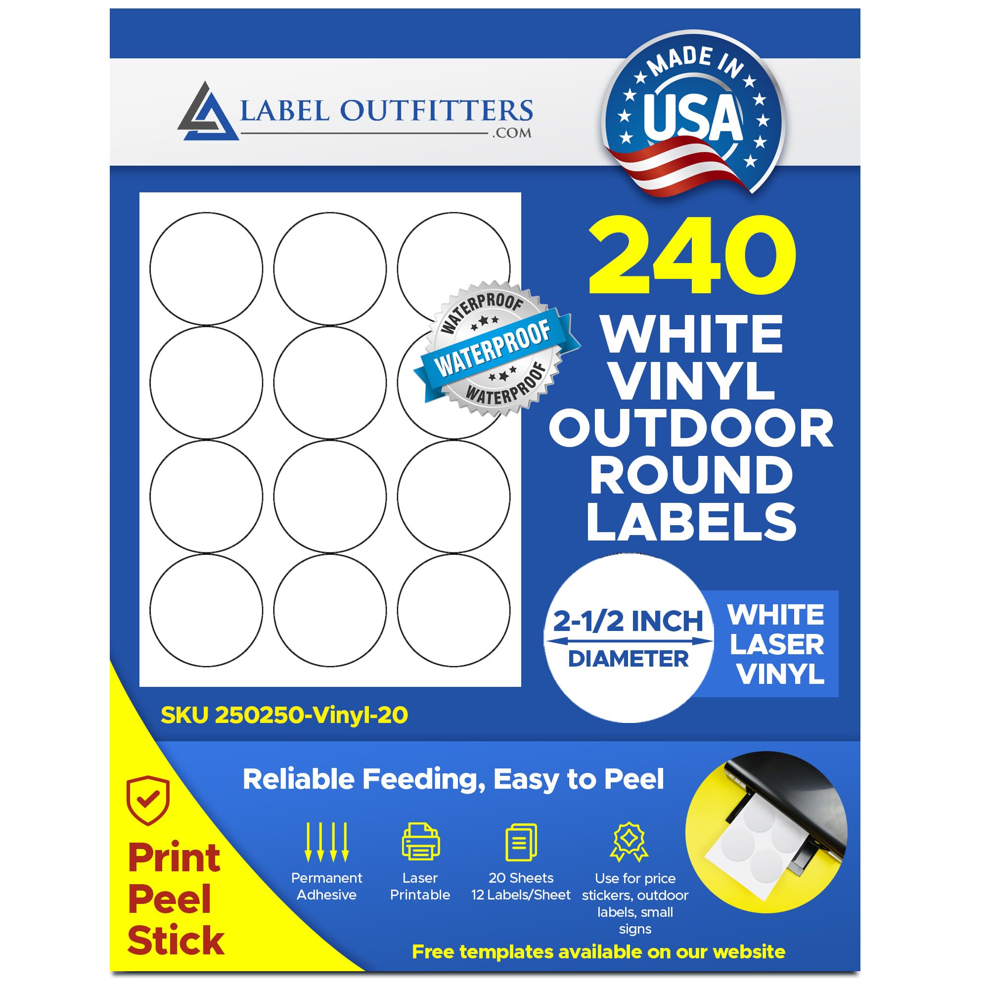 240 Label Outfitters® Vinyl Laser Only Labels, Round, White, 2-1/2 inch Diameter Water Proof and Weather Proof, 20 Sheets