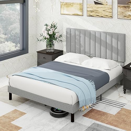 Miniatura 6 de Mhjinuwet Base de cama de tamaño matrimonial, plataforma tapizada de tela de lino con cabecero, fácil montaje, no necesita somier, antideslizante y