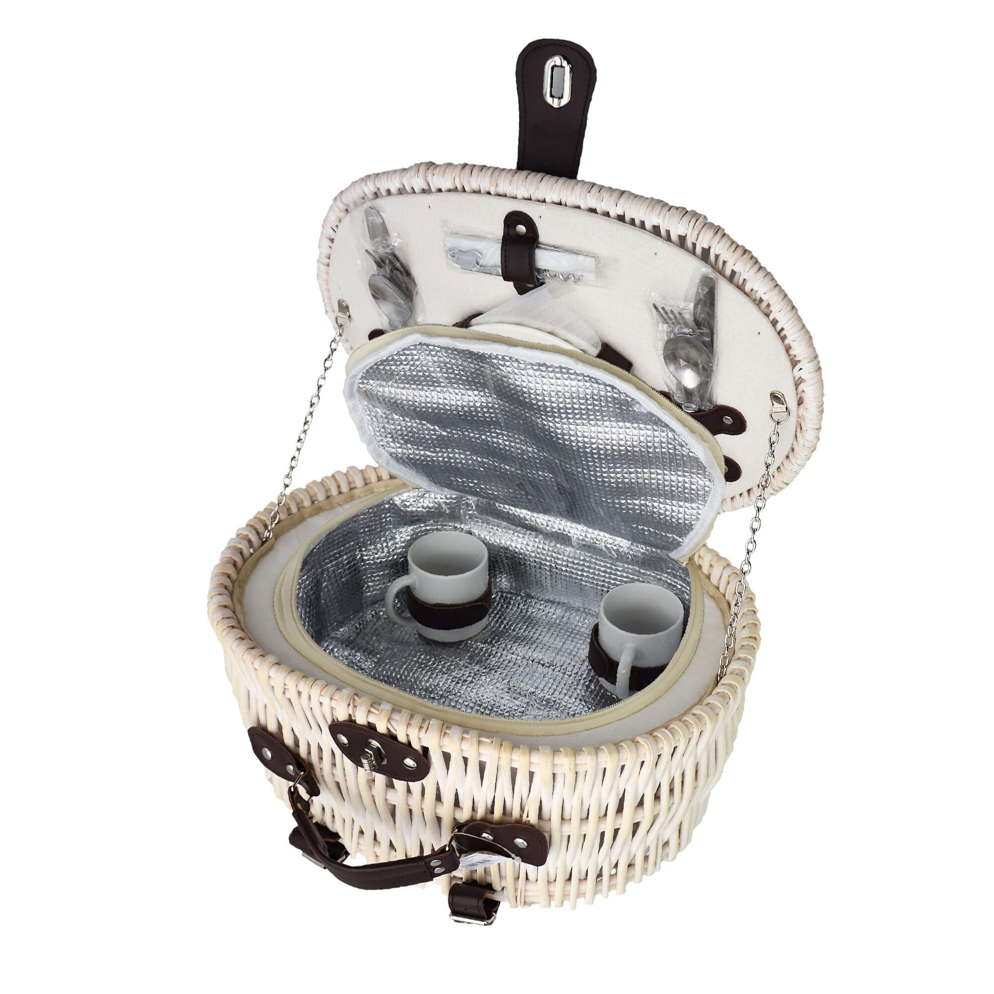 UNUS Panier de vélo / panier de pique-nique ovale blanc fonction de refroidissement avec couverts assortis porcelaine 2 personnes