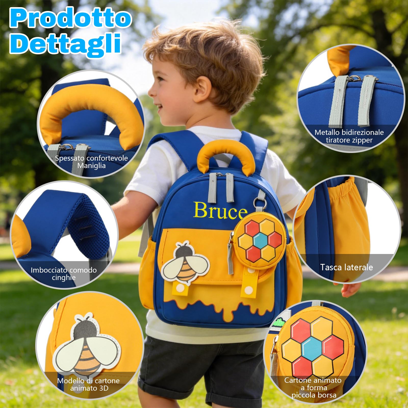 Generico Zaino personalizzato con nome ricamato per bambini, zaino asilo nido e materna, leggero e pratico per maschi e femmine, idea regalo originale per compleanno e rientro a scuola (Le api)